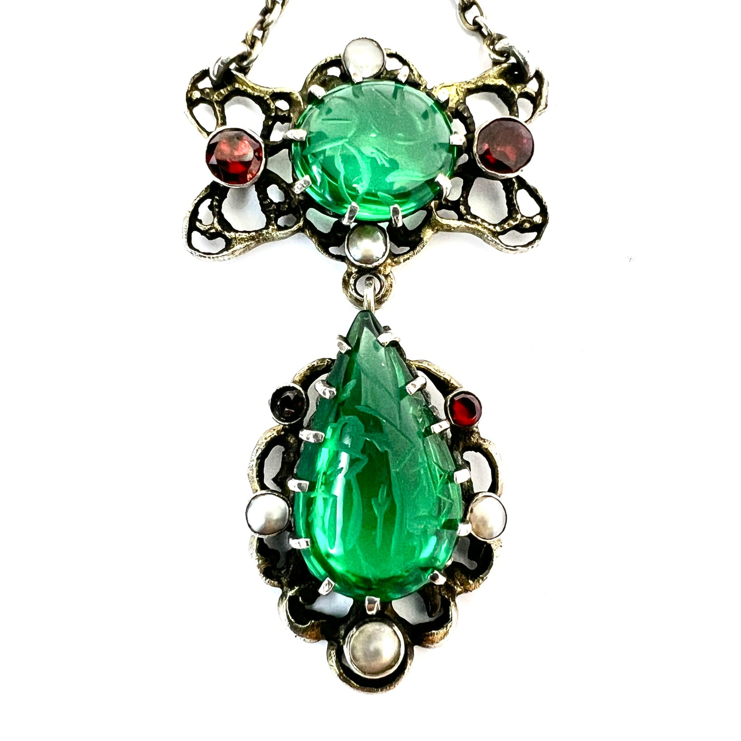 Arts & Crafts Austro-Hungarian Emerald Paste Silver Chain Pendant