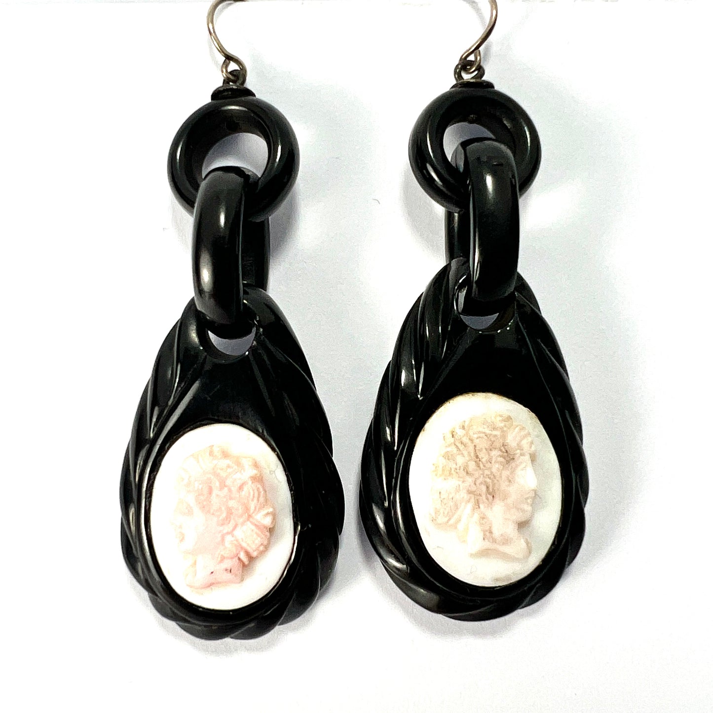Victorian Carved Whitby Jet Cameo Earrings