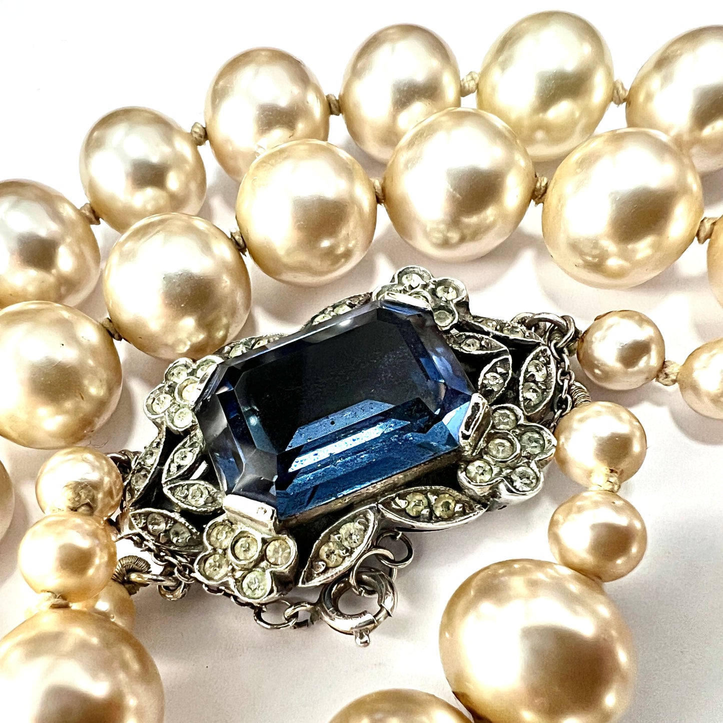 Vintage Faux Pearl Necklace with Silver Sapphire Paste Clasp