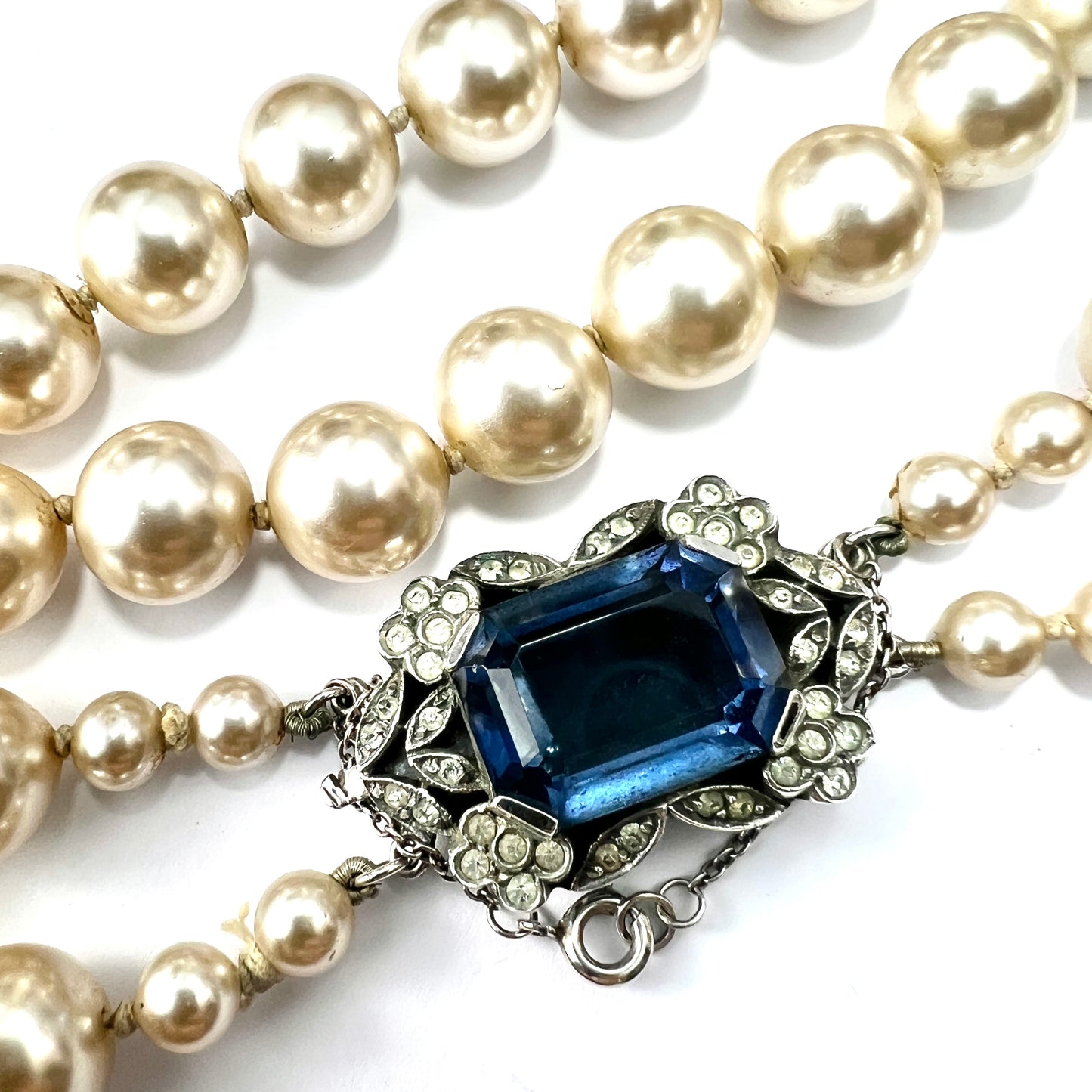 Vintage Faux Pearl Necklace with Silver Sapphire Paste Clasp