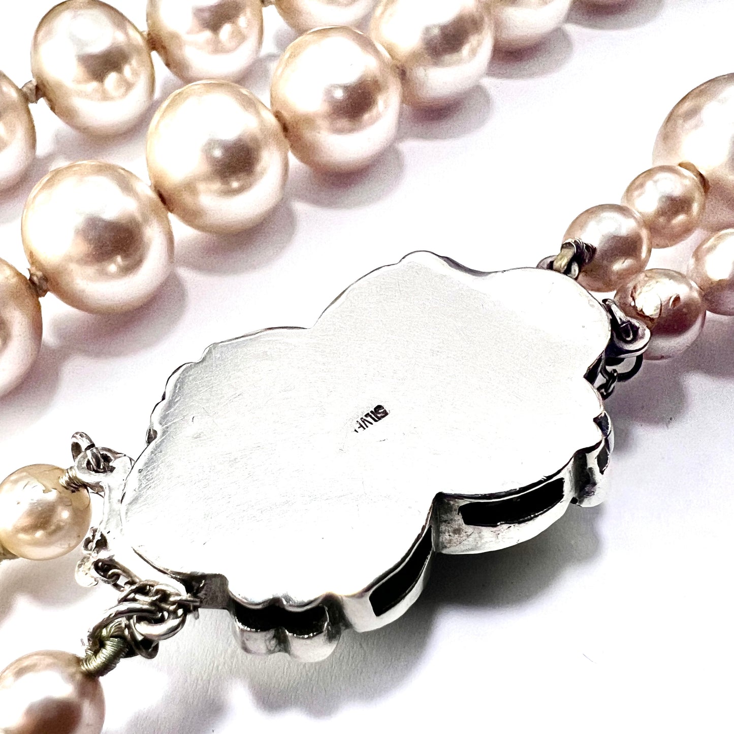 Vintage Faux Pearl Necklace with Silver Sapphire Paste Clasp