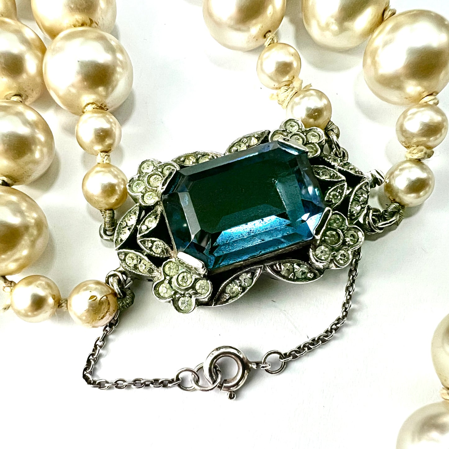 Vintage Faux Pearl Necklace with Silver Sapphire Paste Clasp