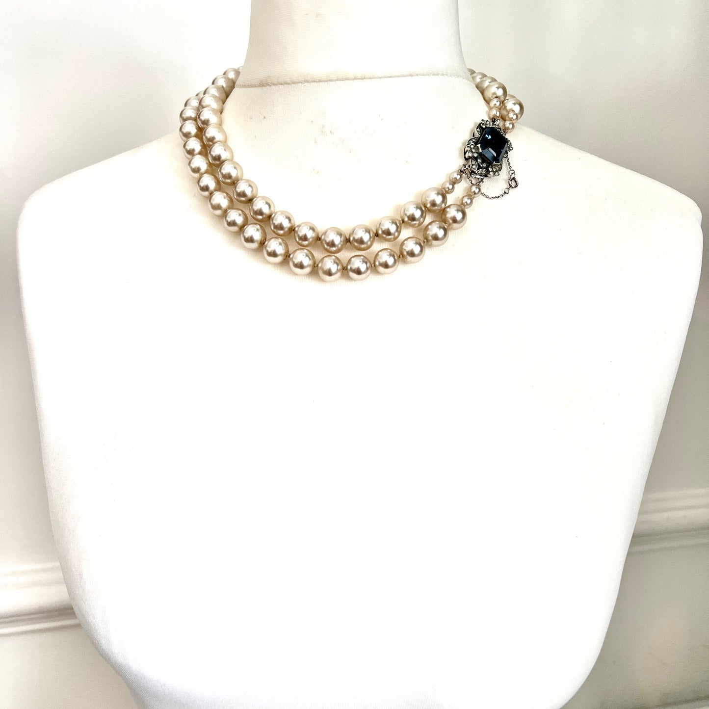 Vintage Faux Pearl Necklace with Silver Sapphire Paste Clasp
