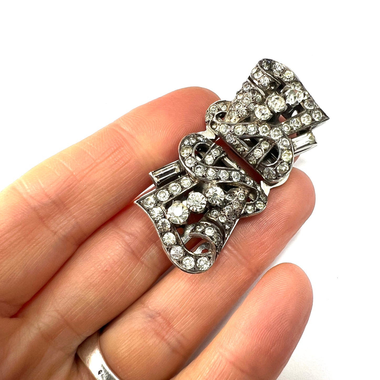 Art Deco French Silver Paste Duette Fur Clip Brooch