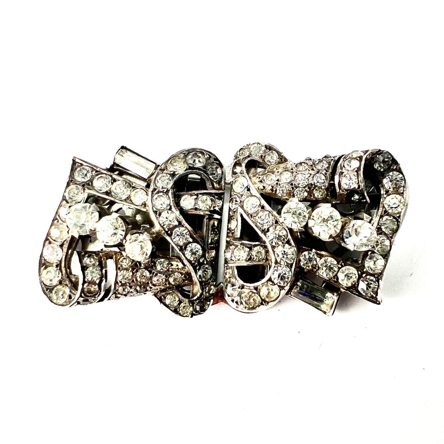 Art Deco French Silver Paste Duette Fur Clip Brooch