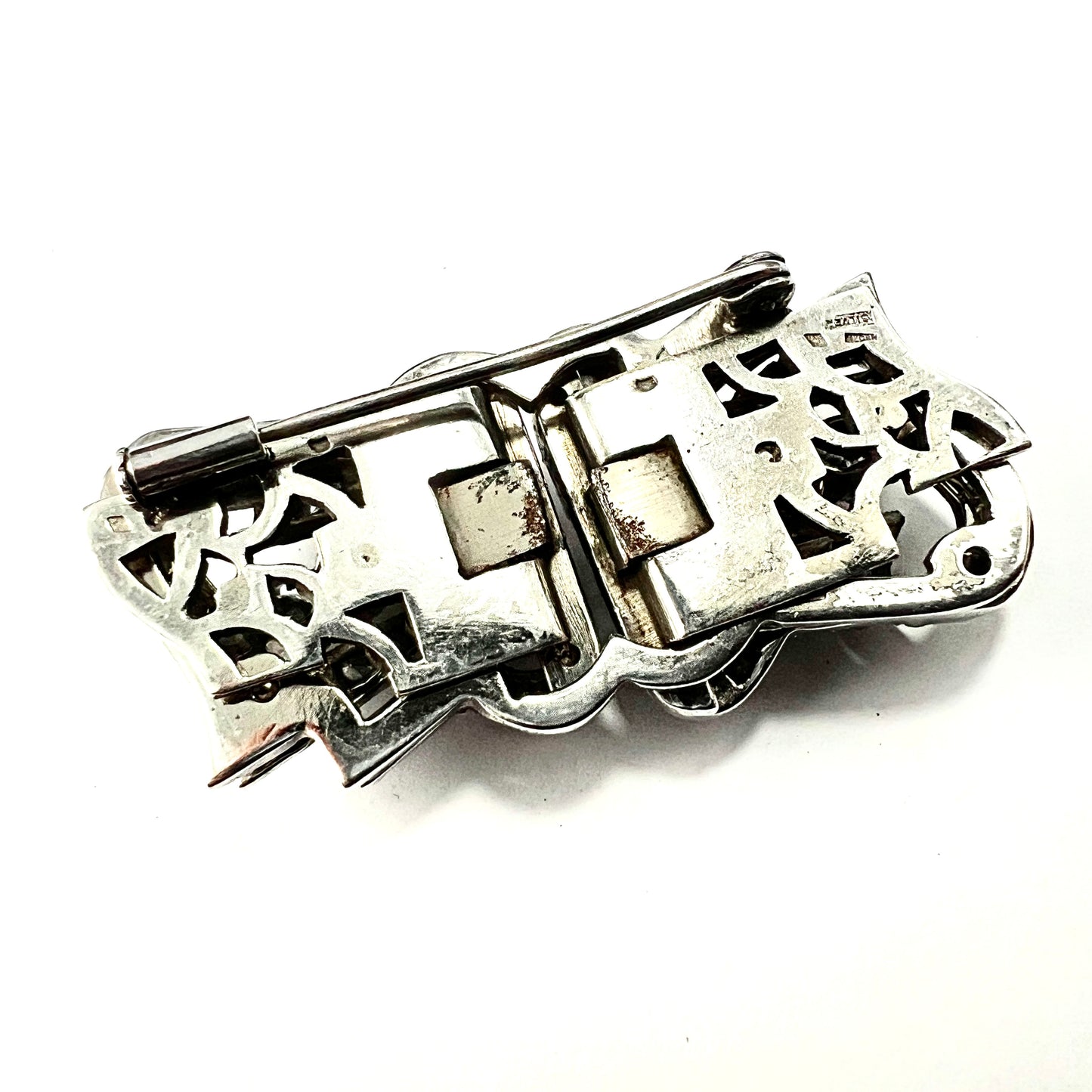 Art Deco French Silver Paste Duette Fur Clip Brooch