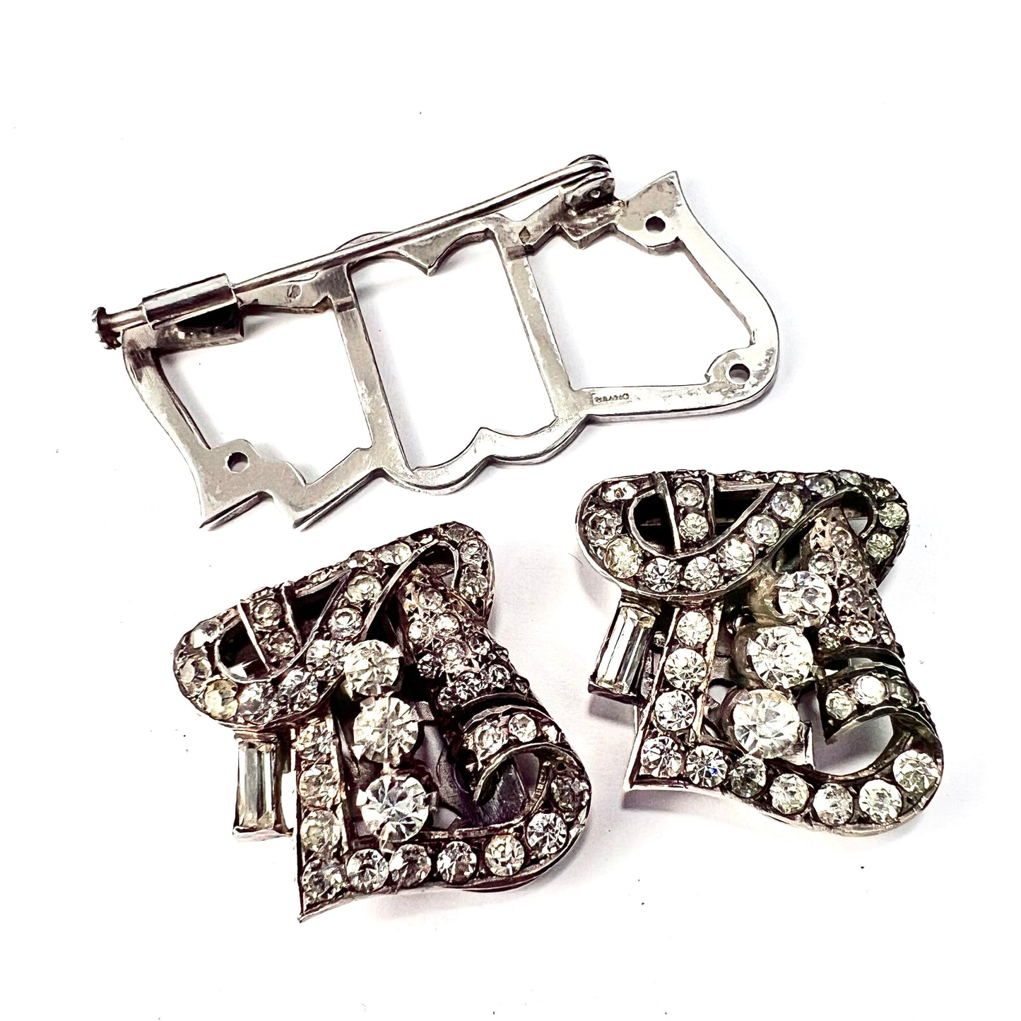 Art Deco French Silver Paste Duette Fur Clip Brooch