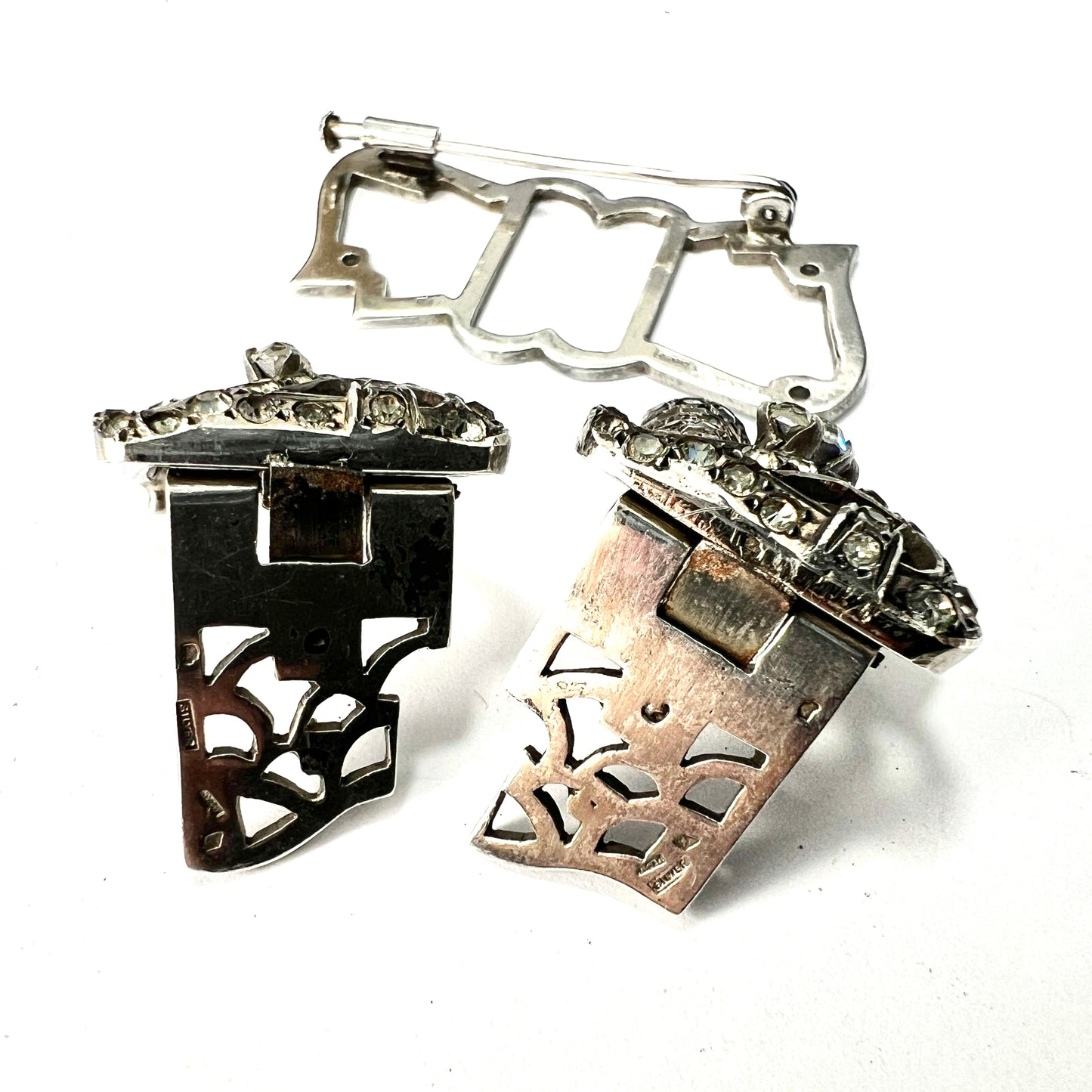 Art Deco French Silver Paste Duette Fur Clip Brooch