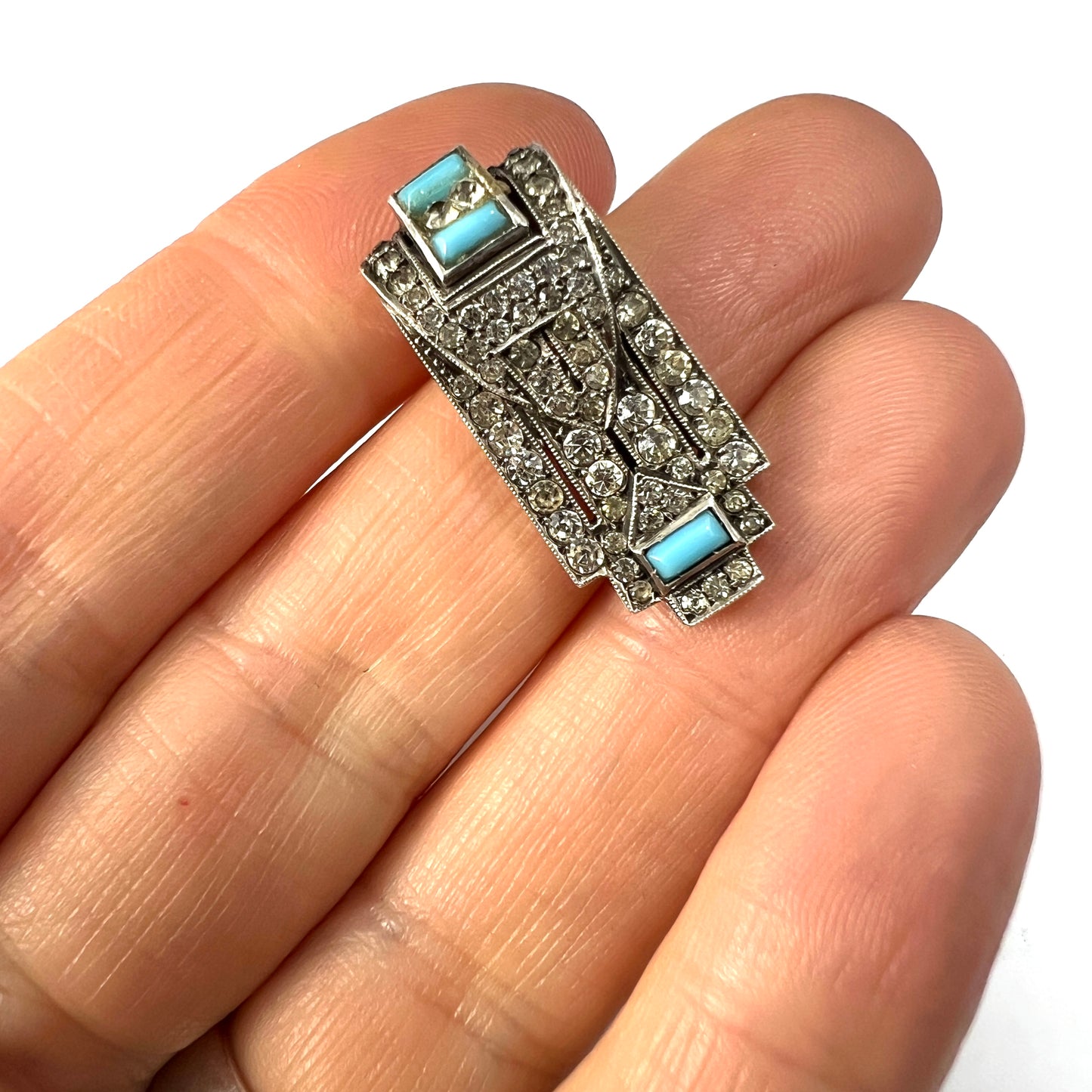 Vintage Art Deco Silver Paste Turquoise Dress Clip