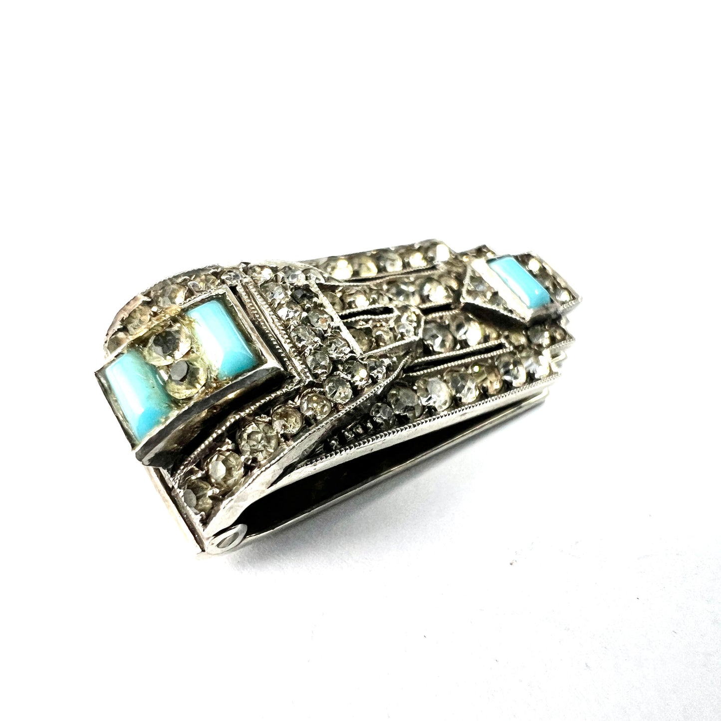 Vintage Art Deco Silver Paste Turquoise Dress Clip