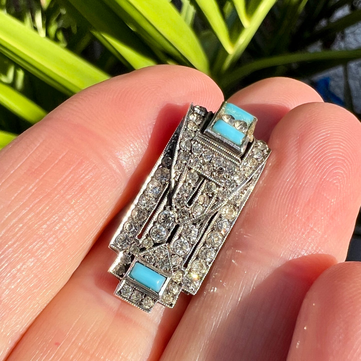 Vintage Art Deco Silver Paste Turquoise Dress Clip