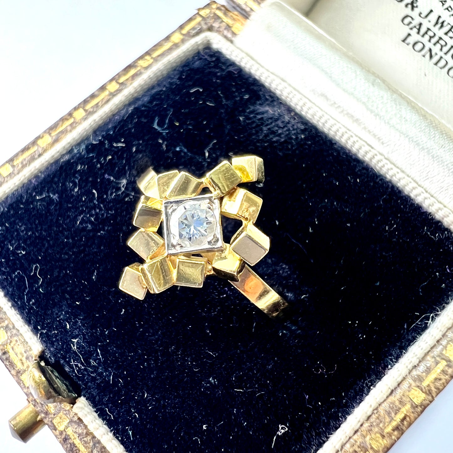 Vintage 1973 Diamond 18CT Gold Cubist Ring by Trigg & Payne