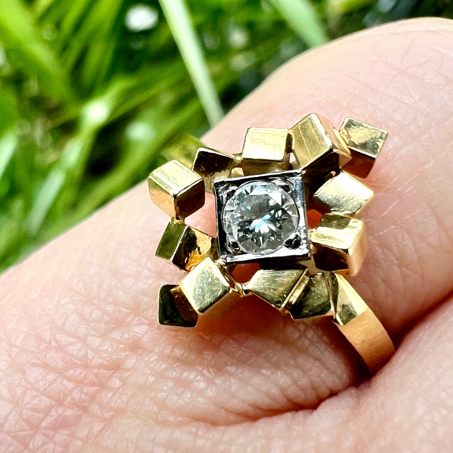 Vintage 1973 Diamond 18CT Gold Cubist Ring by Trigg & Payne