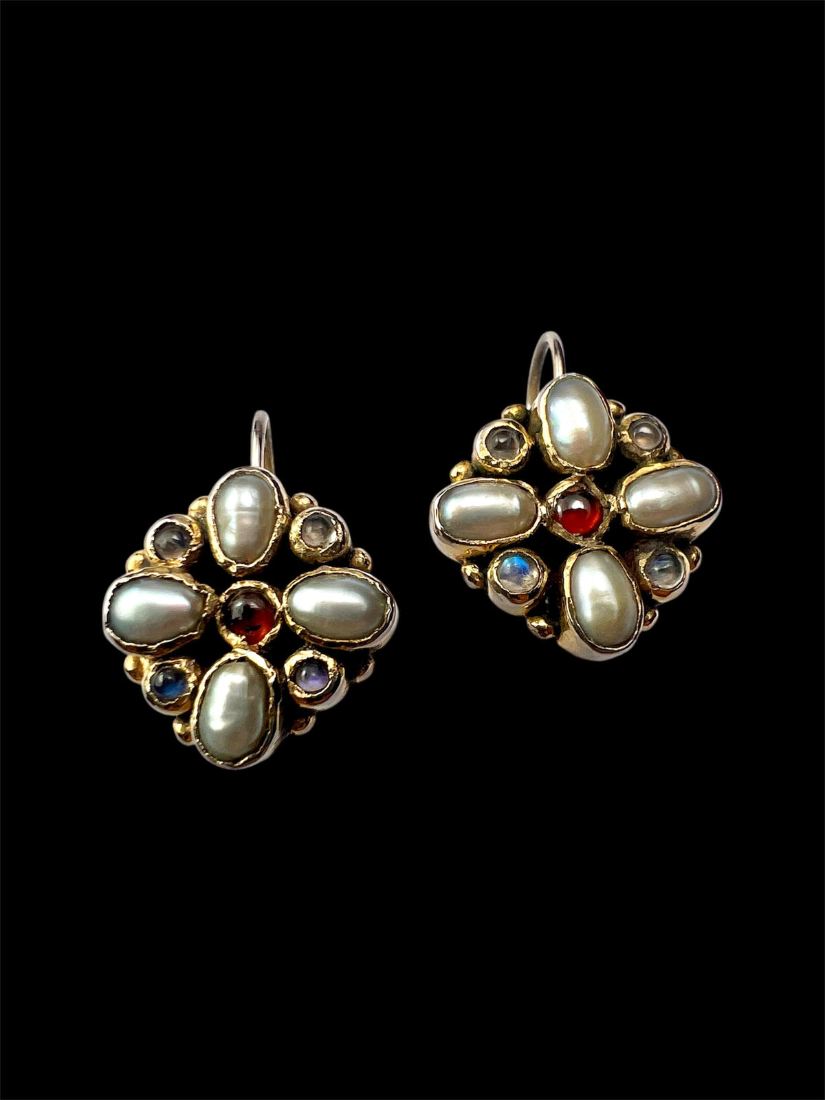 Vintage Square Cross Moonstone, Pearl and Garnet Earrings