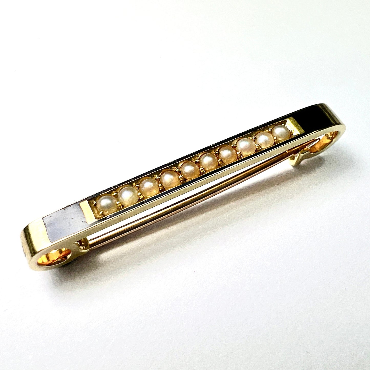 Edwardian 15CT Gold Pearl Enamel Bar Brooch