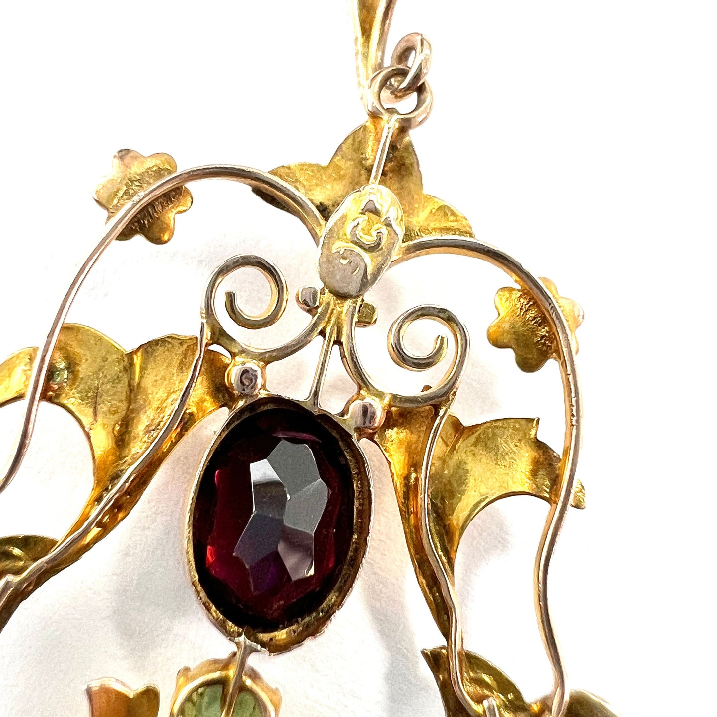 Edwardian 9CT Rose Gold Pearl Garnet Peridot Lavalier Pendant