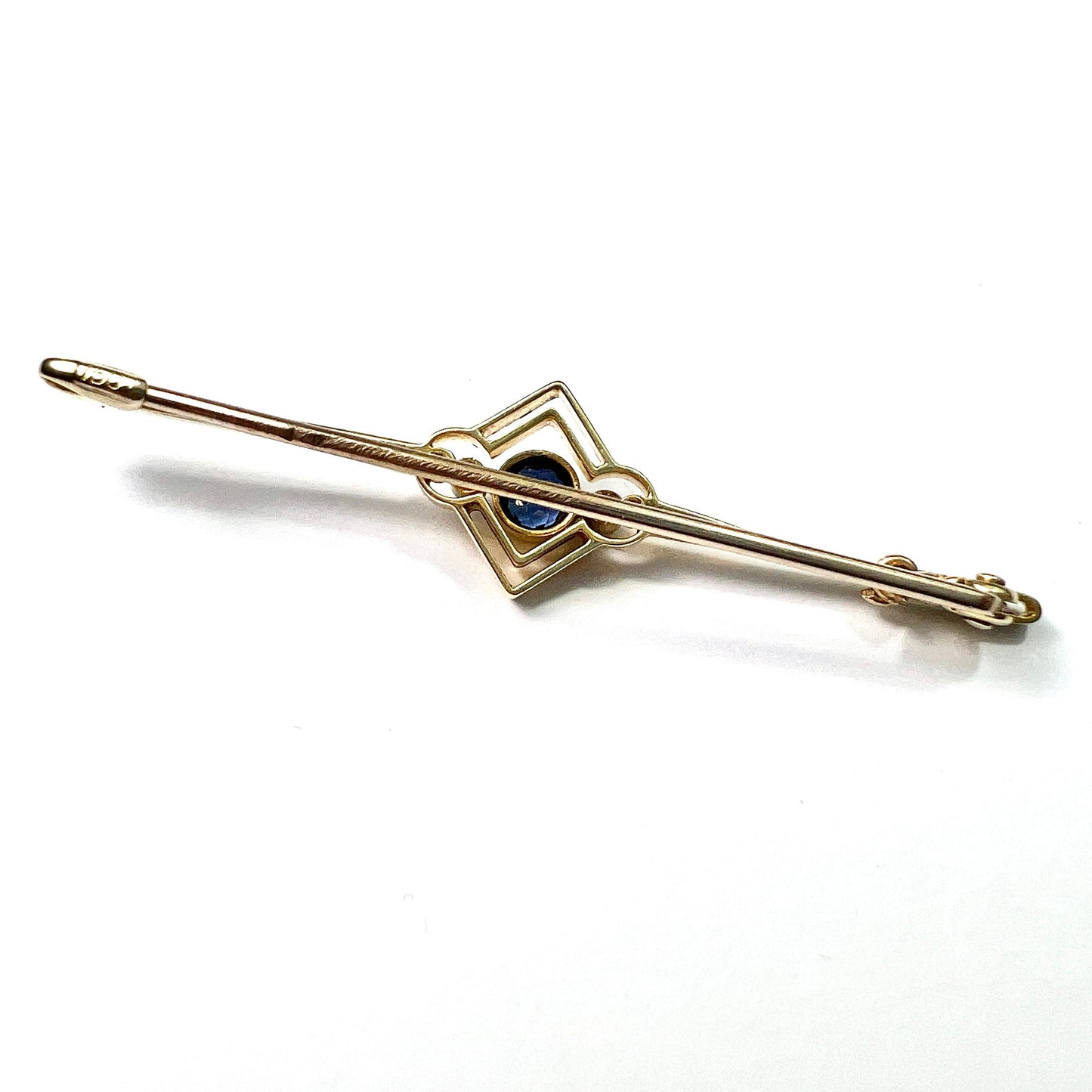 Edwardian Art Deco 15CT Gold Sapphire and Diamond Bar Brooch