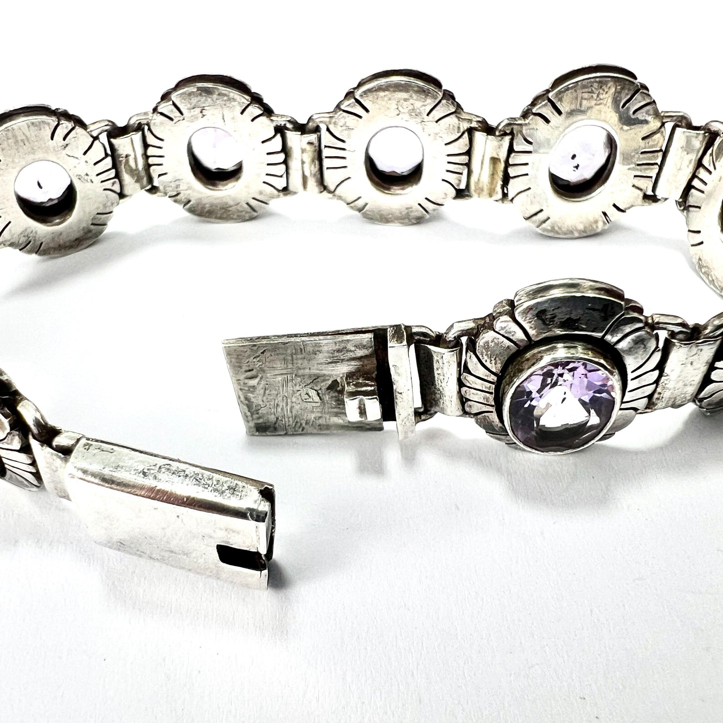 Vintage Arts and Crafts Amethyst Silver Panel Bracelet