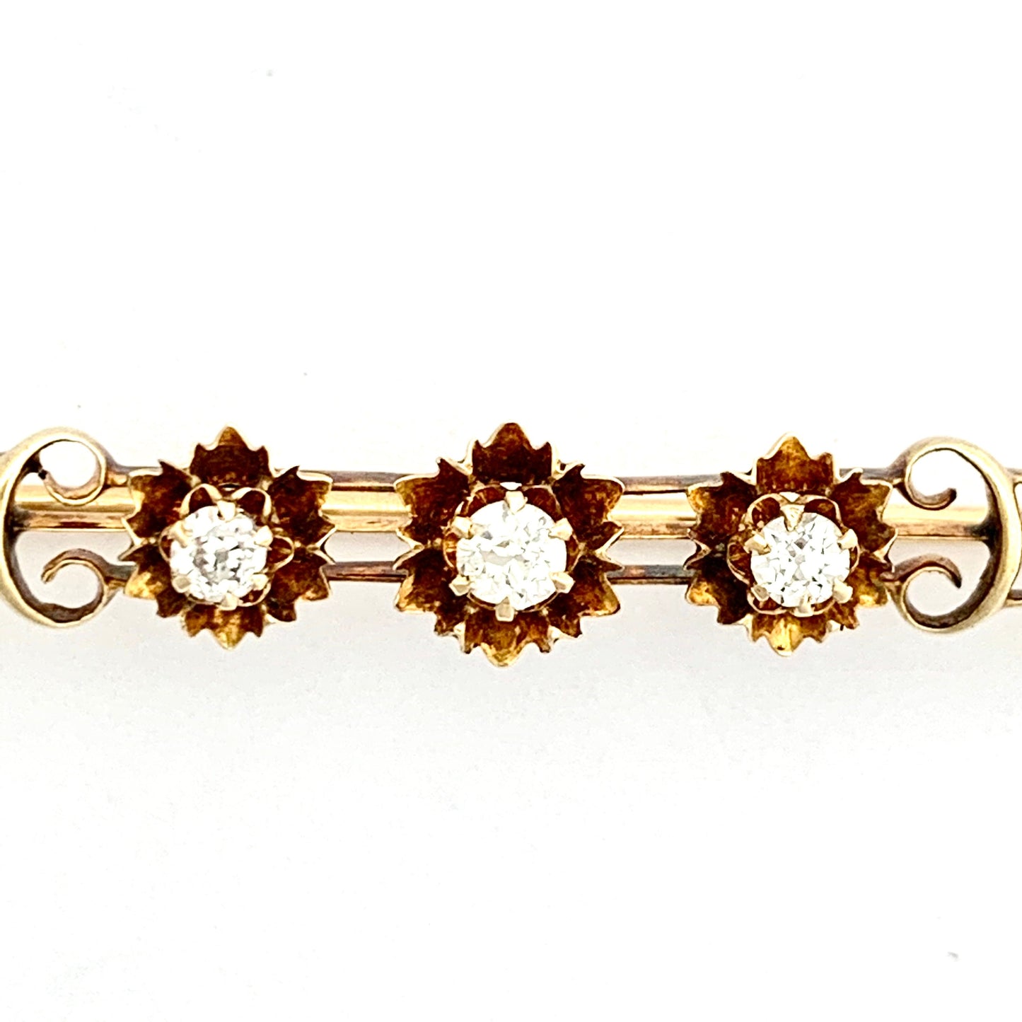 Edwardian 14CT Gold Three Stone Diamond Bar Brooch