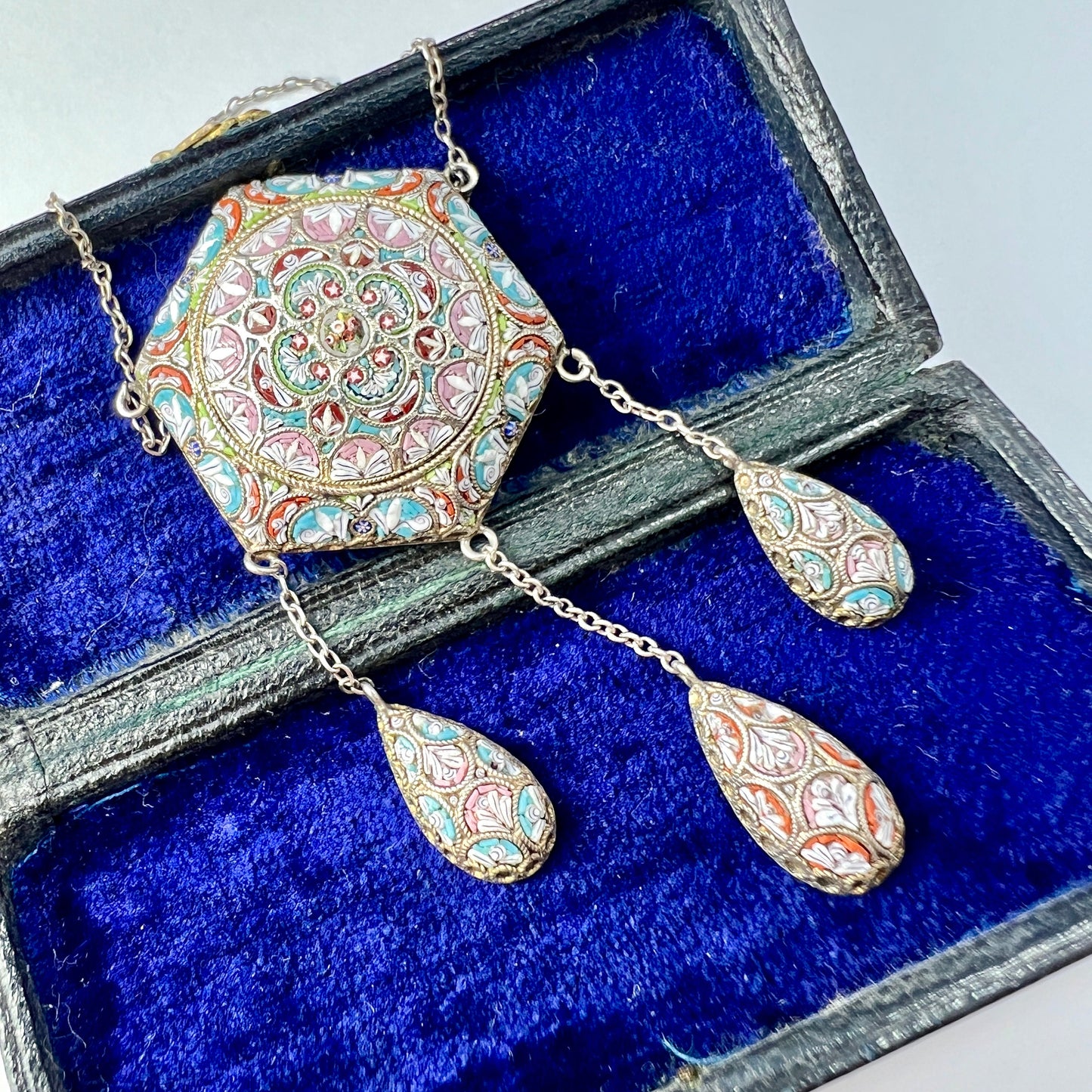 Victorian Italian Micro Mosaic Silver Girandole Necklace