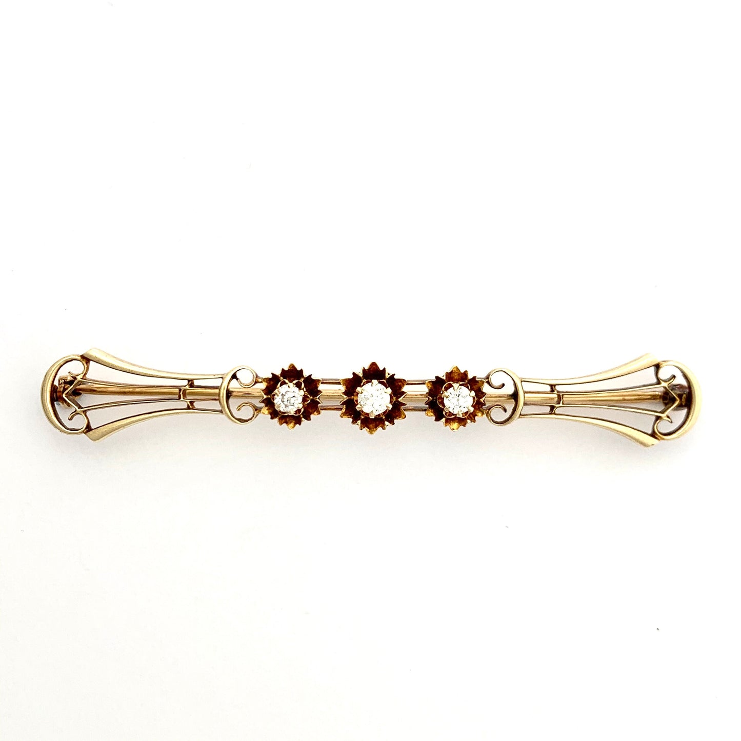 Edwardian 14CT Gold Three Stone Diamond Bar Brooch