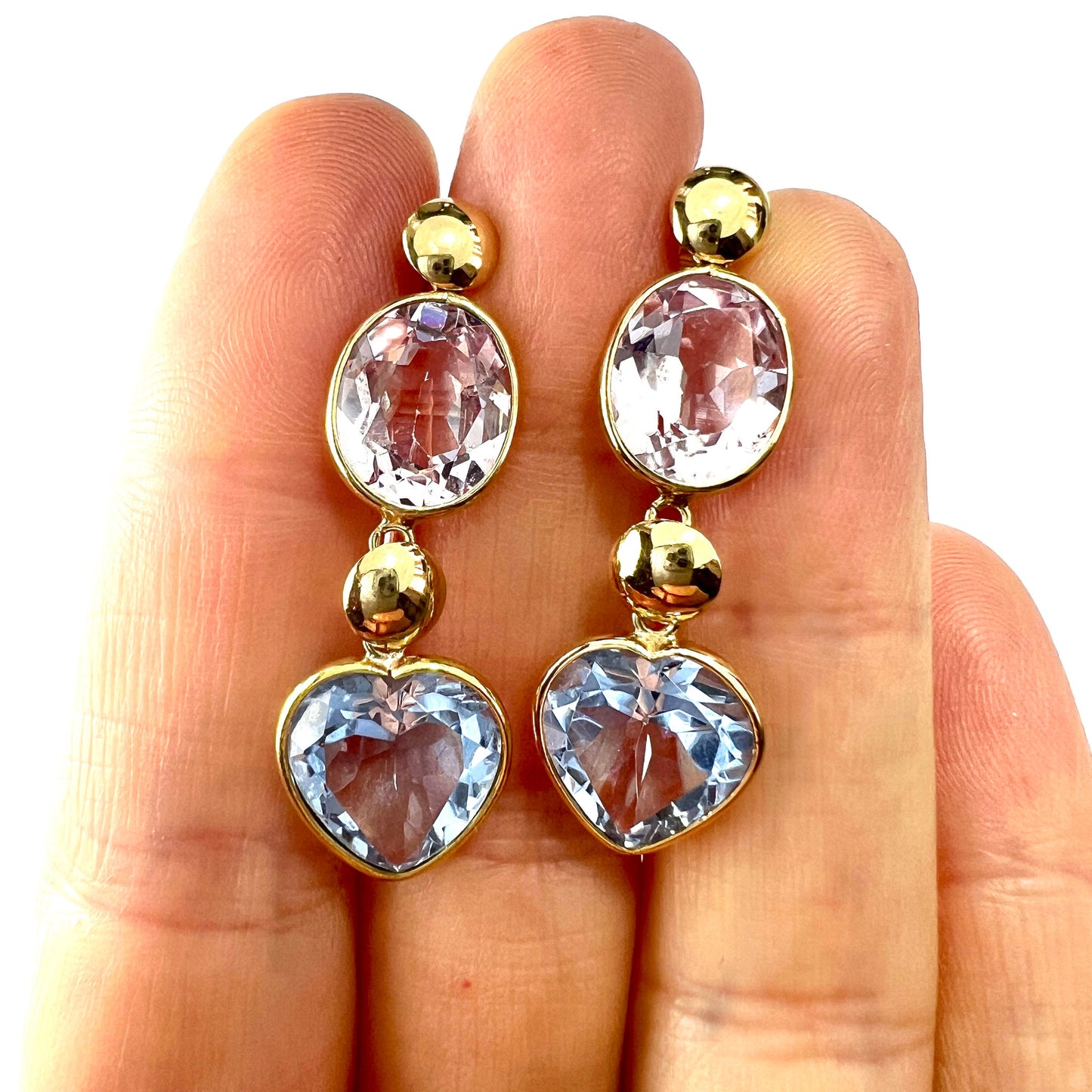 Vintage Pink and Blue Topaz 16CT Gold Heart Earrings