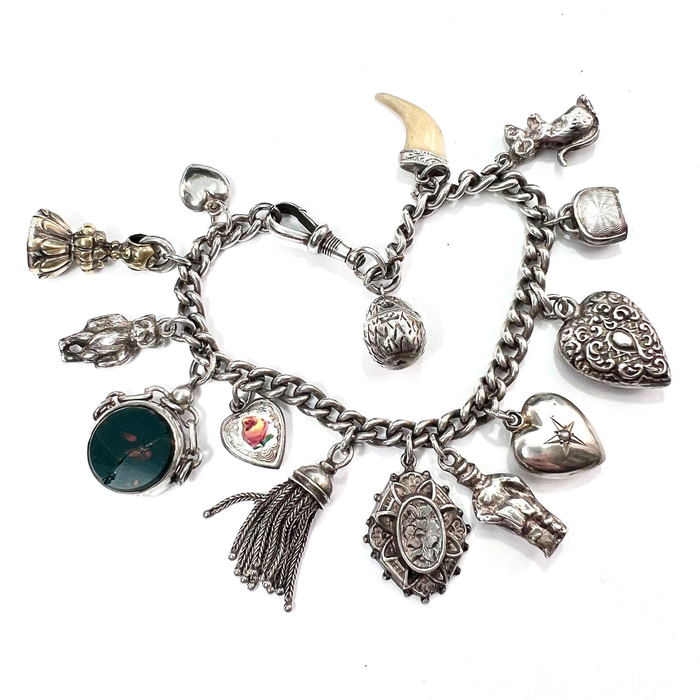 Victorian Silver Hearts and Fobs Charm Bracelet