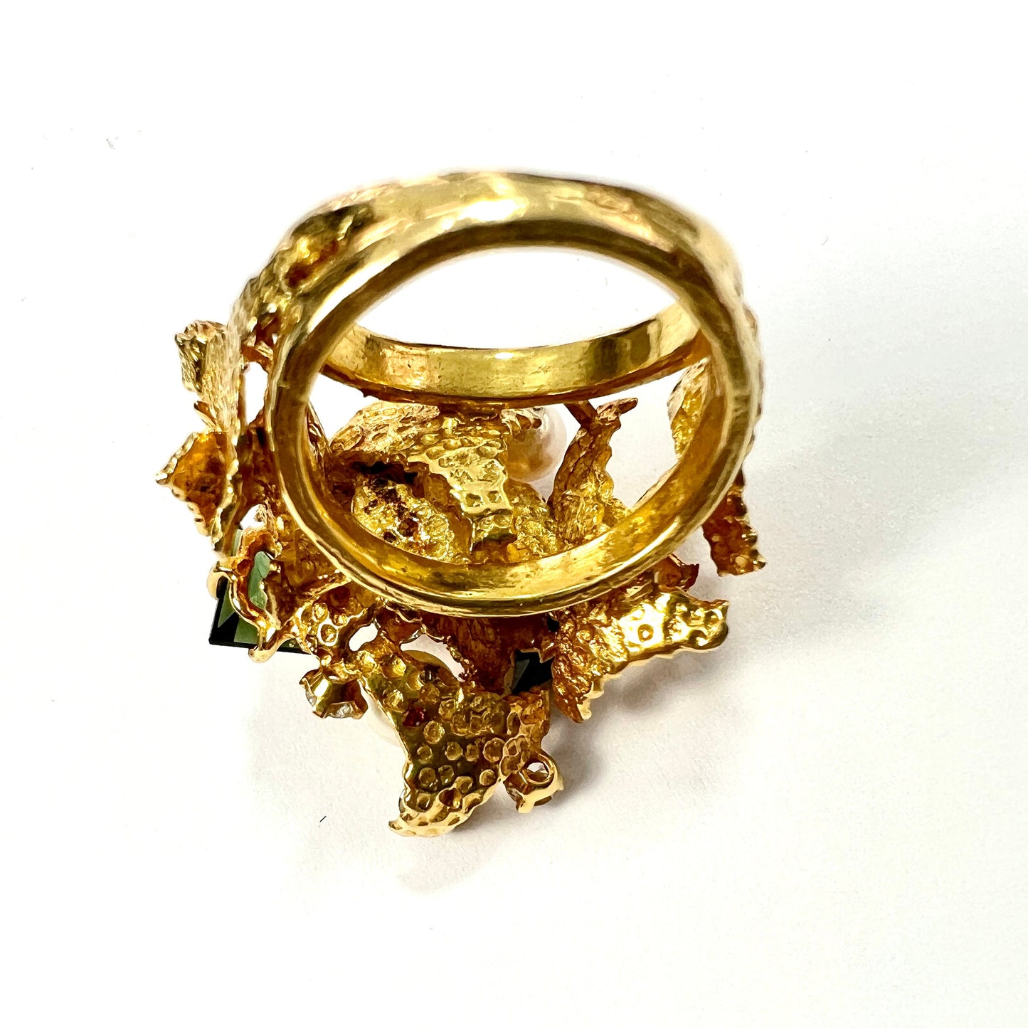 Huge Vintage 18CT Gold Diamond, Tourmaline and Pearl Modernist Cocktail Ring