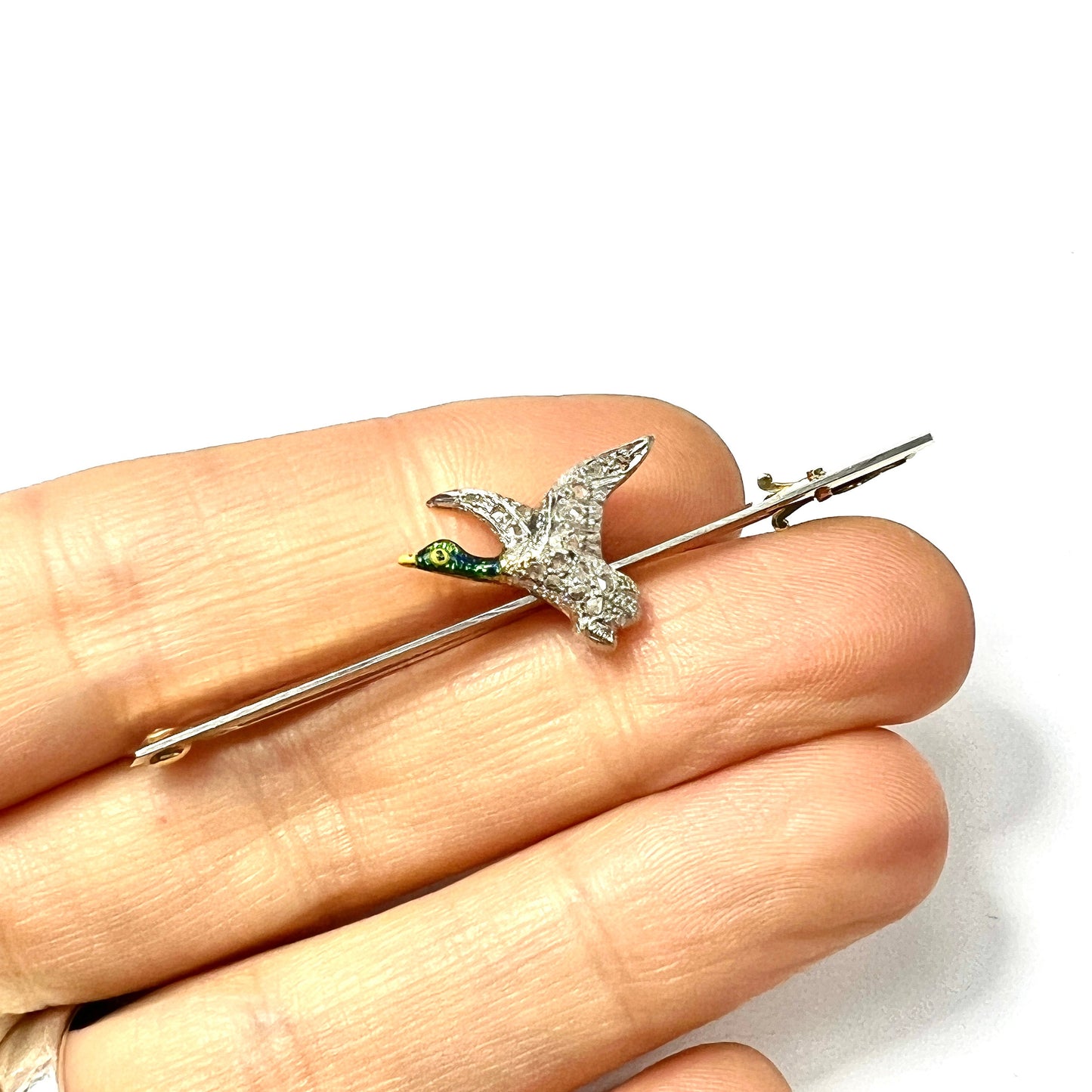 Edwardian Art Deco 15CT Gold Diamond and Platinum Flying Duck Brooch