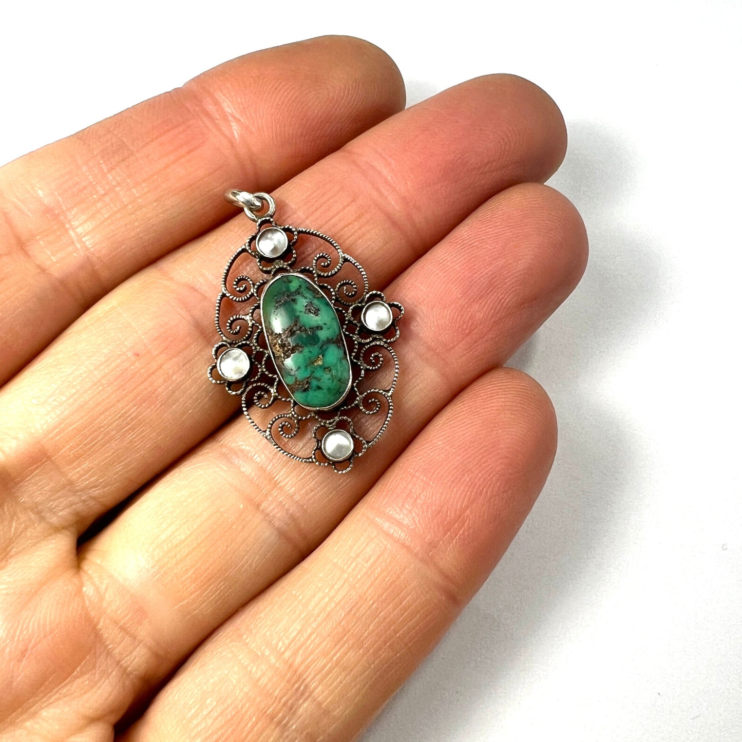 Arts and Crafts Turquoise Matrix Pearl Silver Filigree Pendant