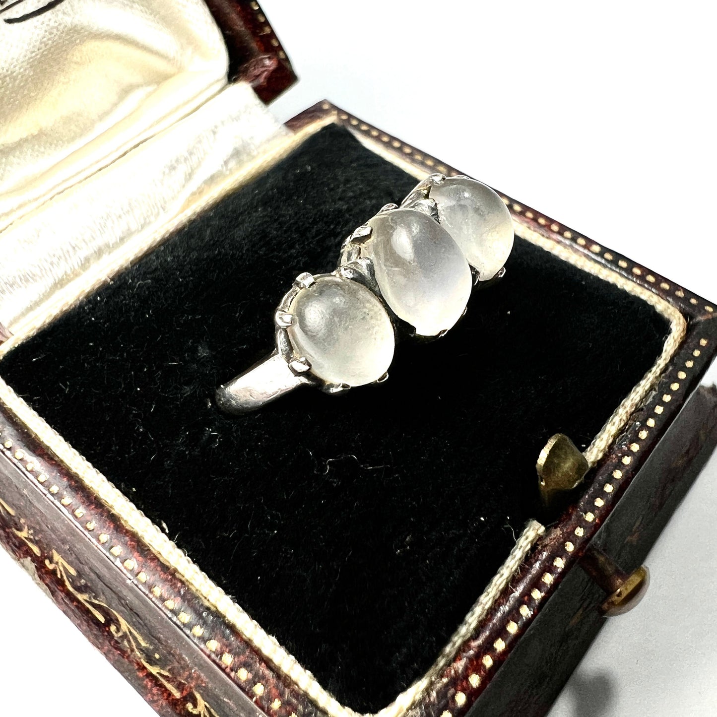 Edwardian Moonstone Three Stone Silver Ring