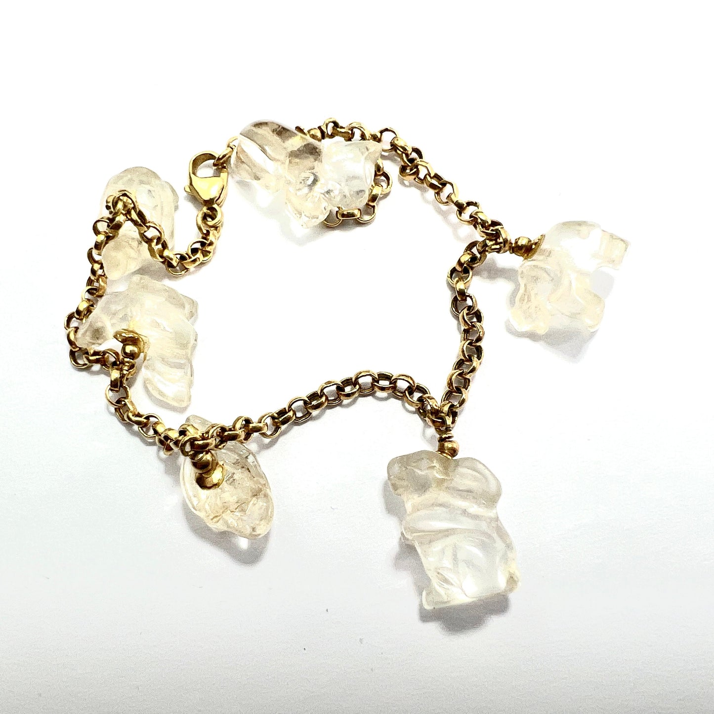 Rare Vintage 18CT Gold Rock Crystal Animal Charm Bracelet