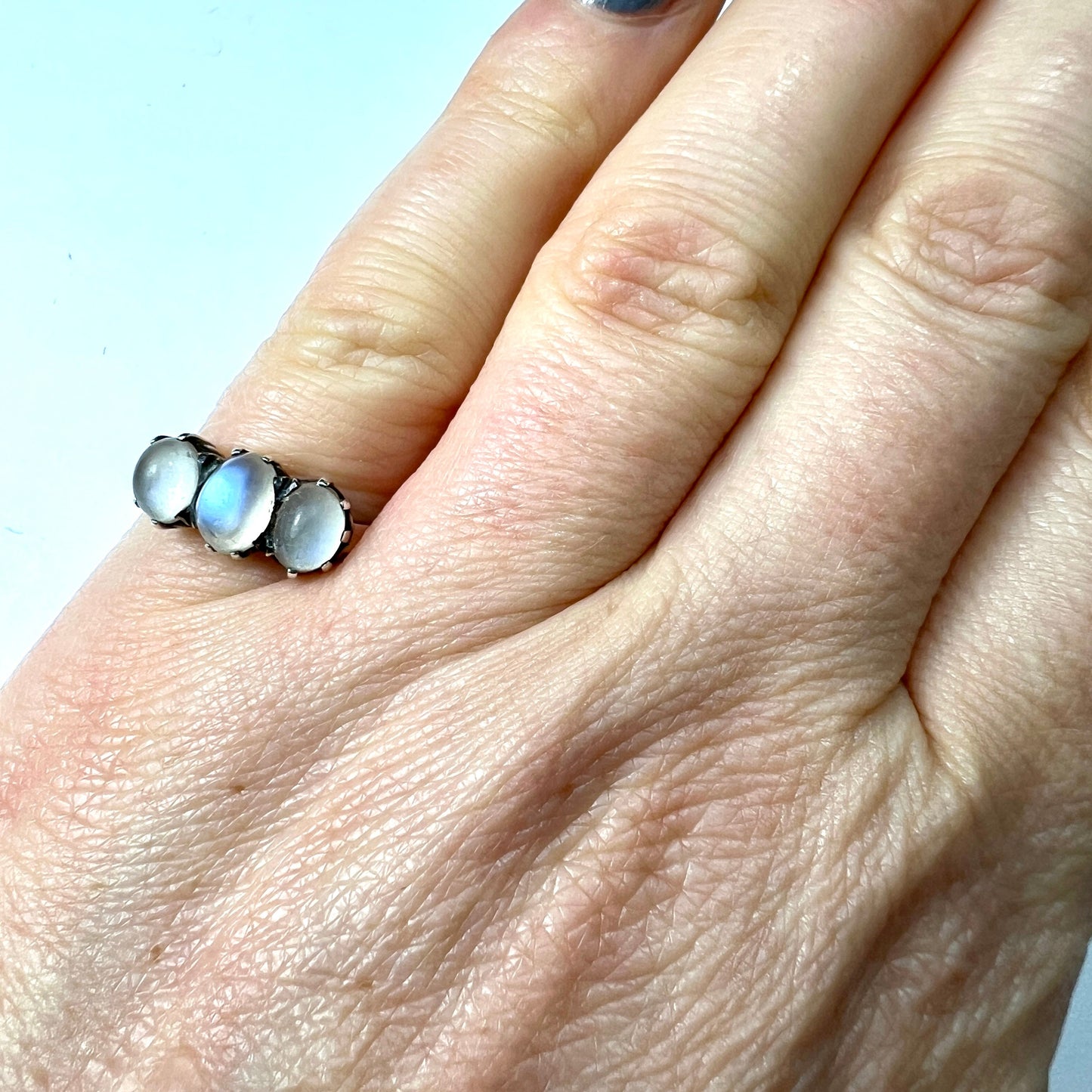 Edwardian Moonstone Three Stone Silver Ring