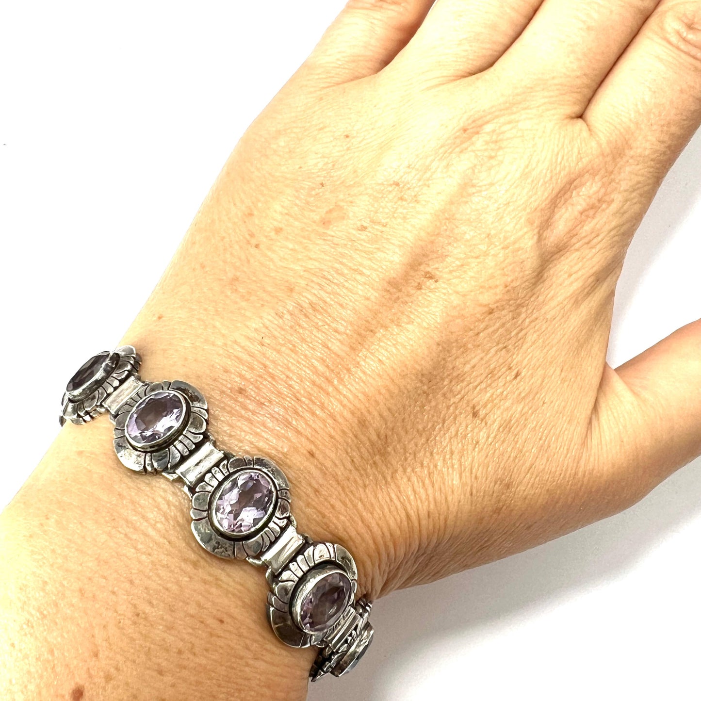 Vintage Arts and Crafts Amethyst Silver Panel Bracelet