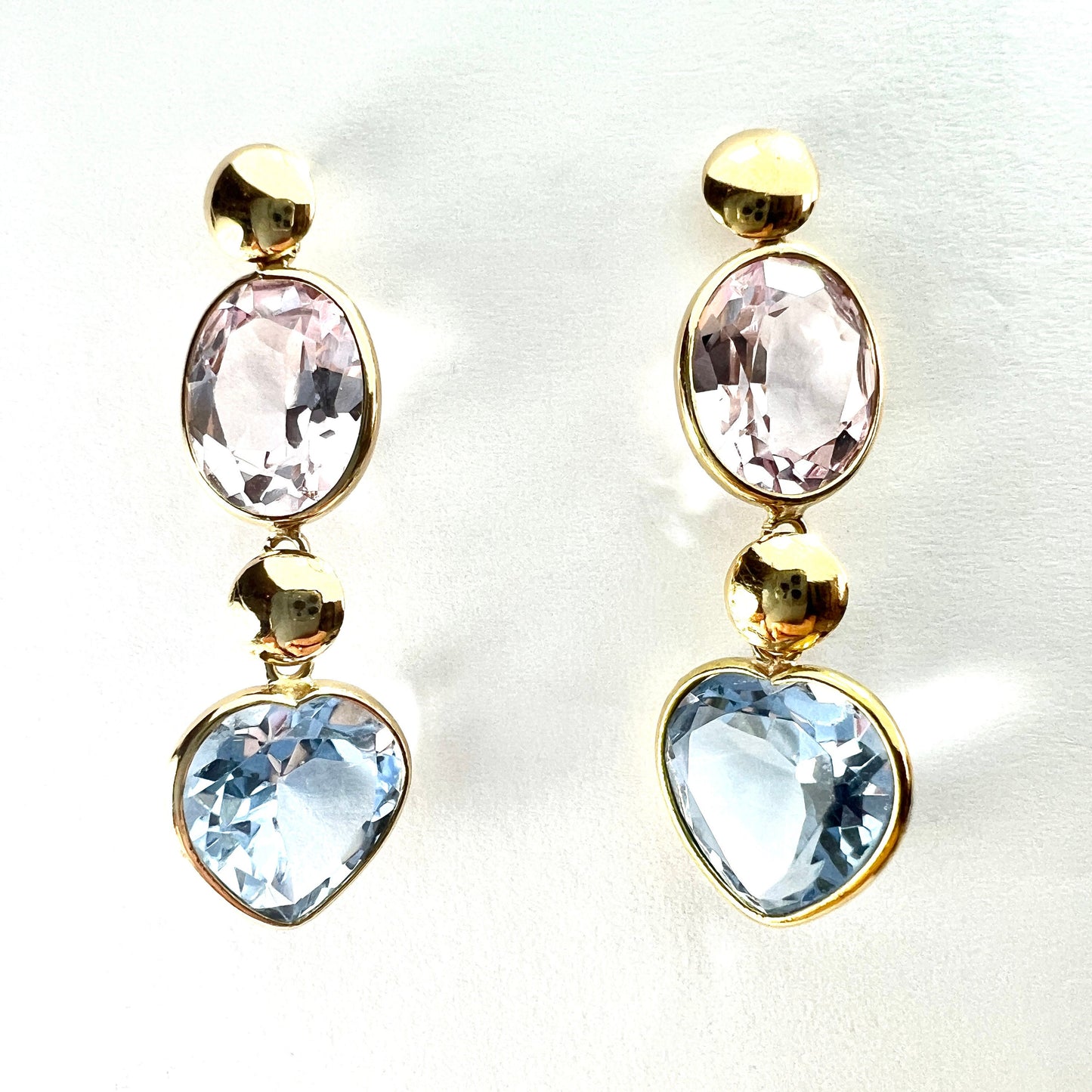 Vintage Pink and Blue Topaz 16CT Gold Heart Earrings
