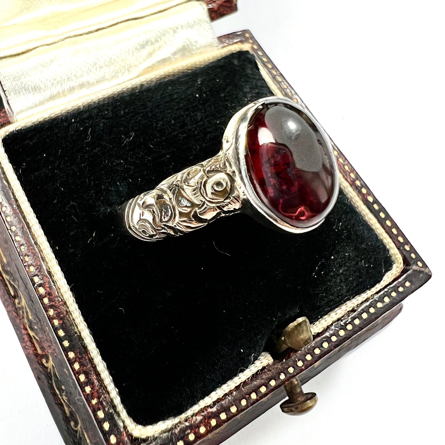 Georgian Silver and Gold Cased Garnet Solitaire Ring