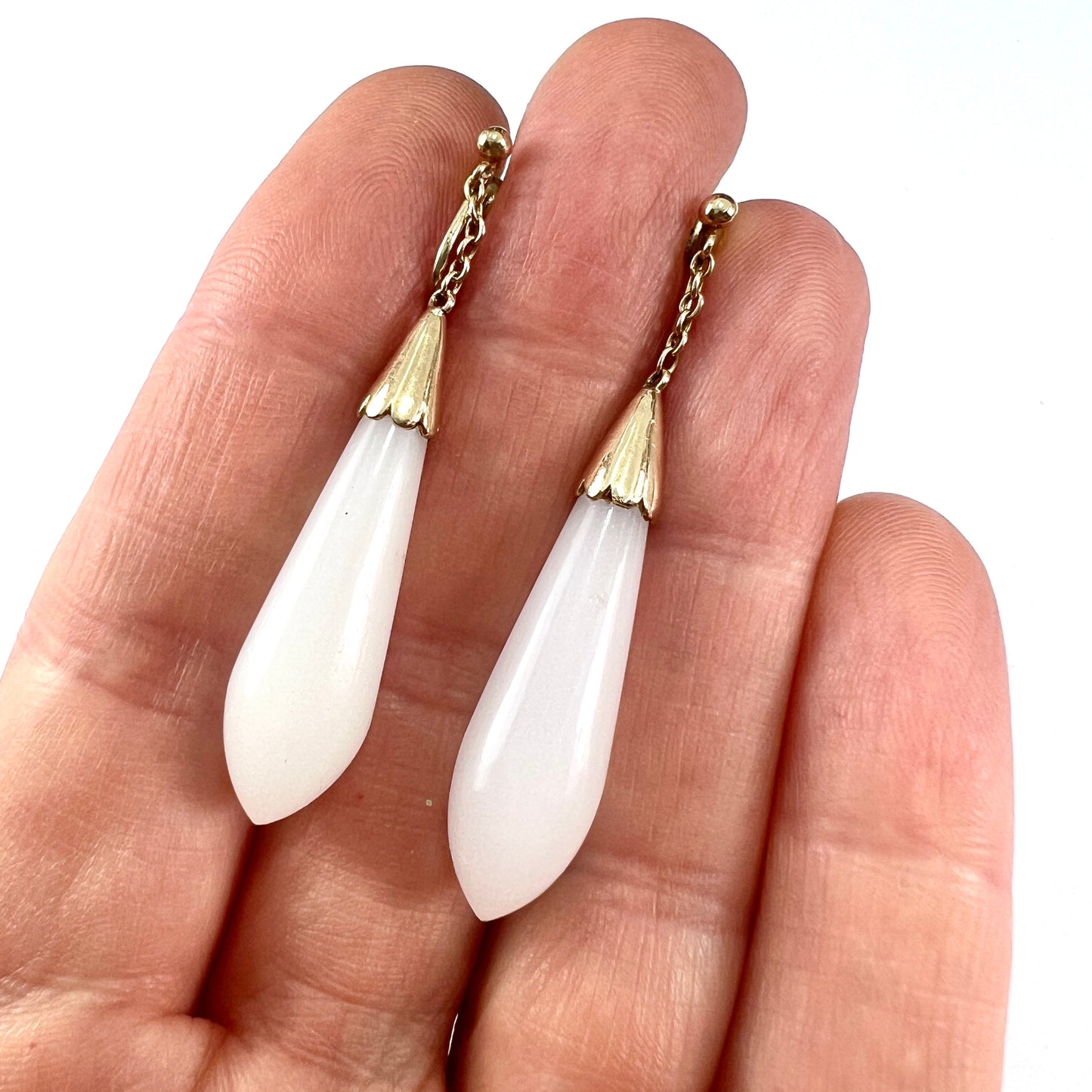 Antique 9CT Gold White Chalcedony Teardrop Earrings