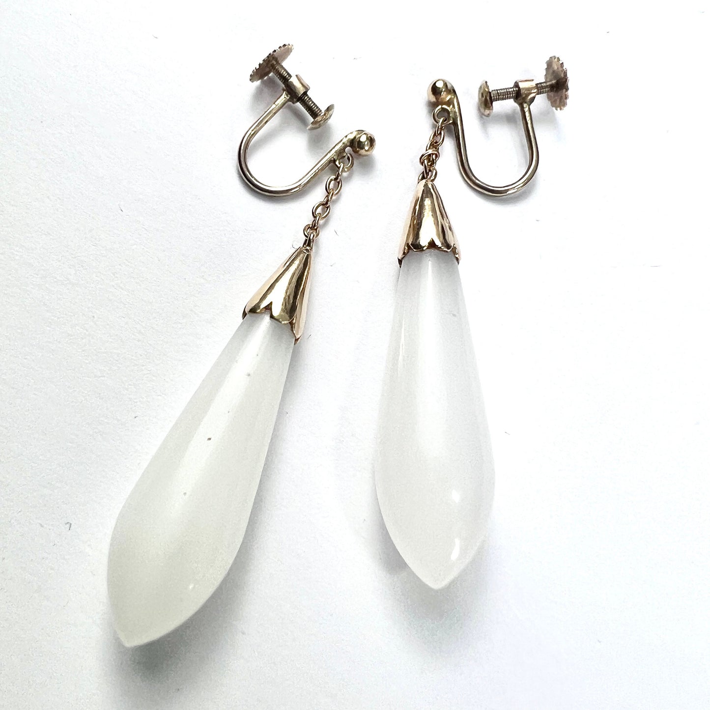 Antique 9CT Gold White Chalcedony Teardrop Earrings