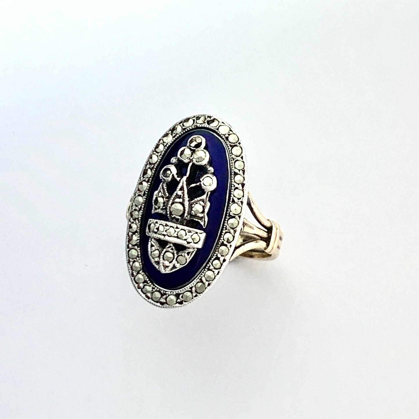 Victorian Blue Enamel Marcasite Gold and Silver Ring