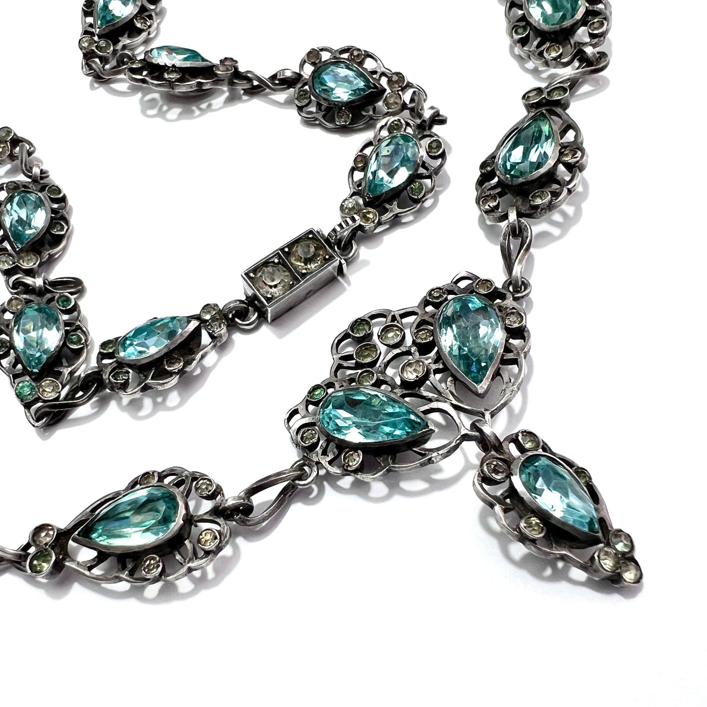19th Century Foiled Aquamarine Paste Silver Necklace