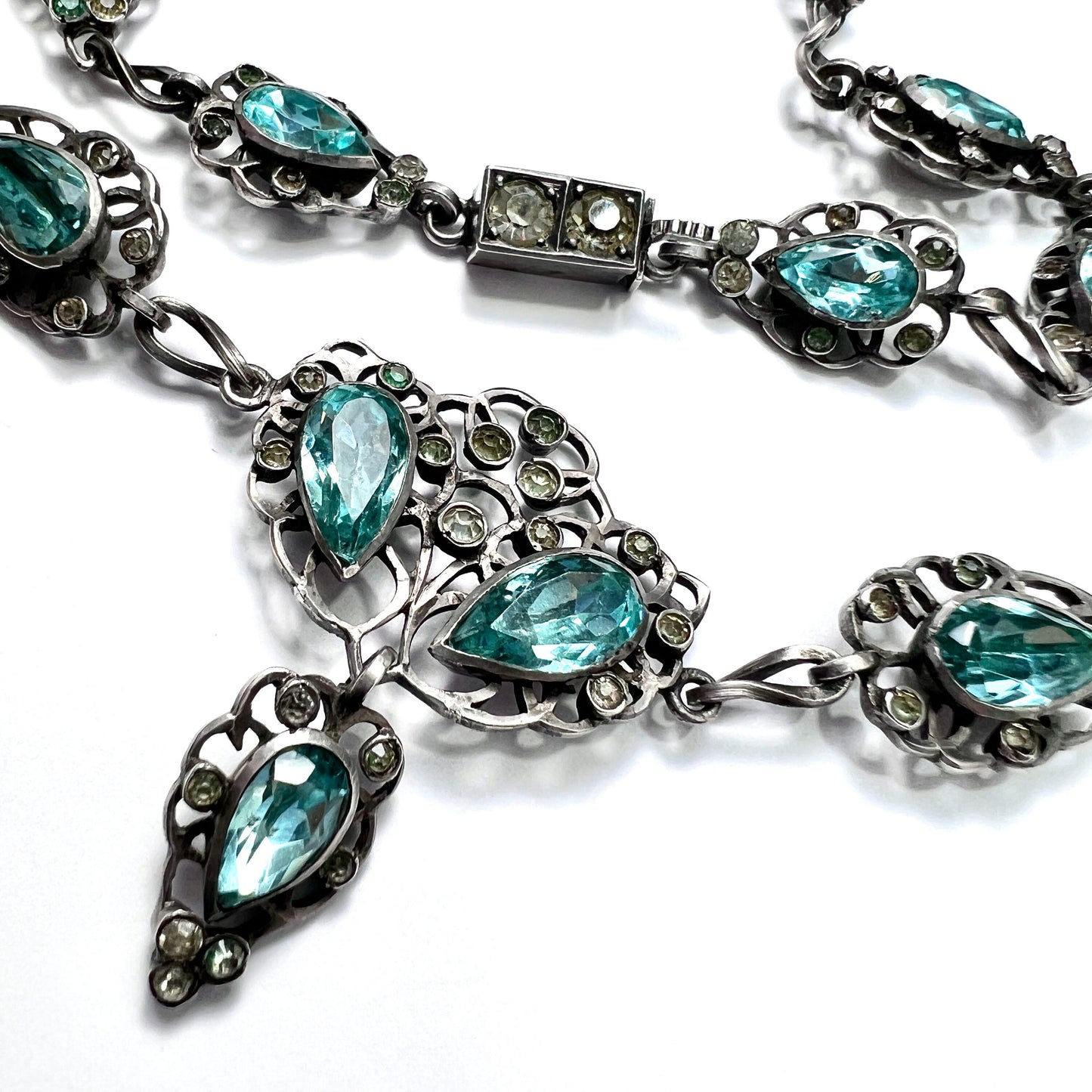 19th Century Foiled Aquamarine Paste Silver Necklace