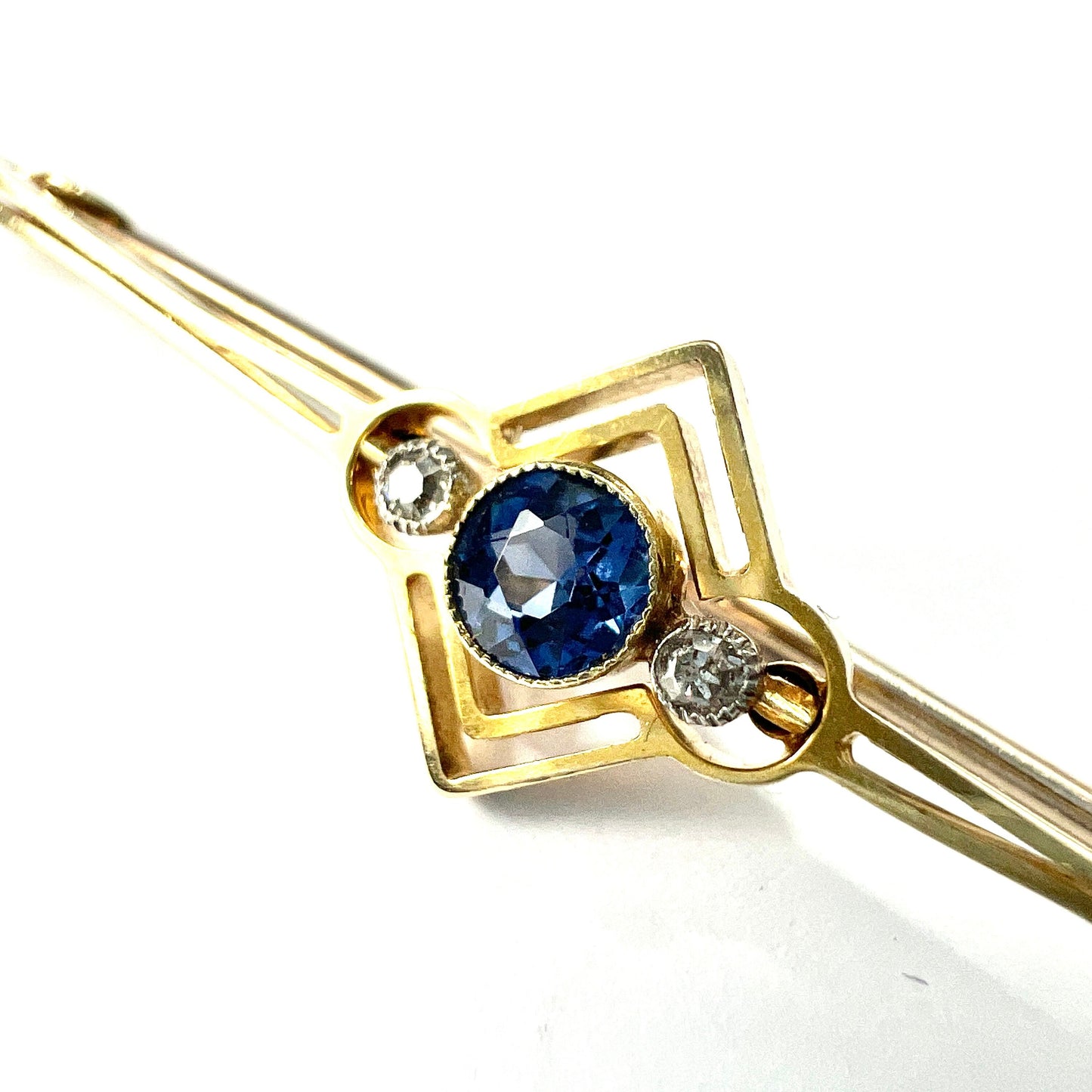 Edwardian Art Deco 15CT Gold Sapphire and Diamond Bar Brooch