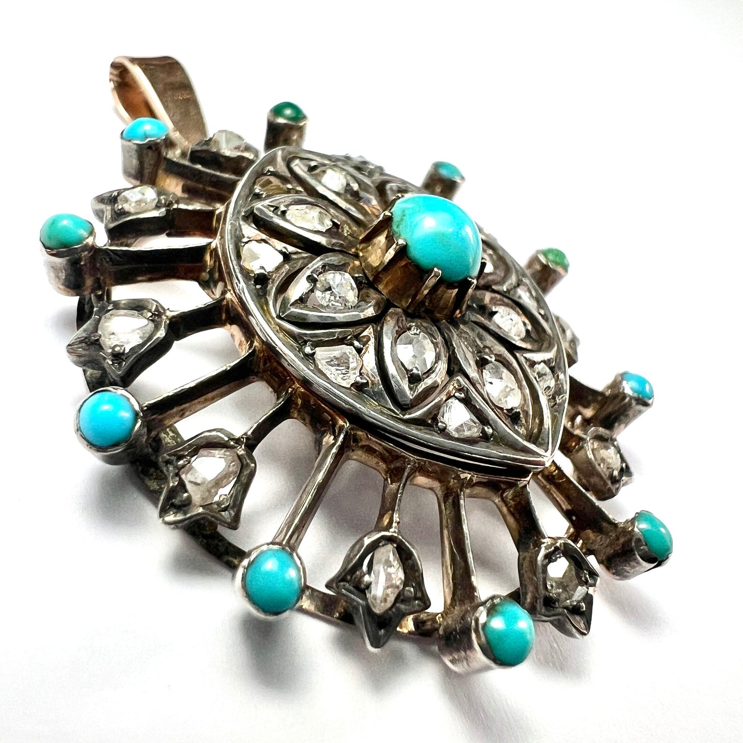 Antique Rose Cut Diamond Turquoise Gold and Silver Pendant