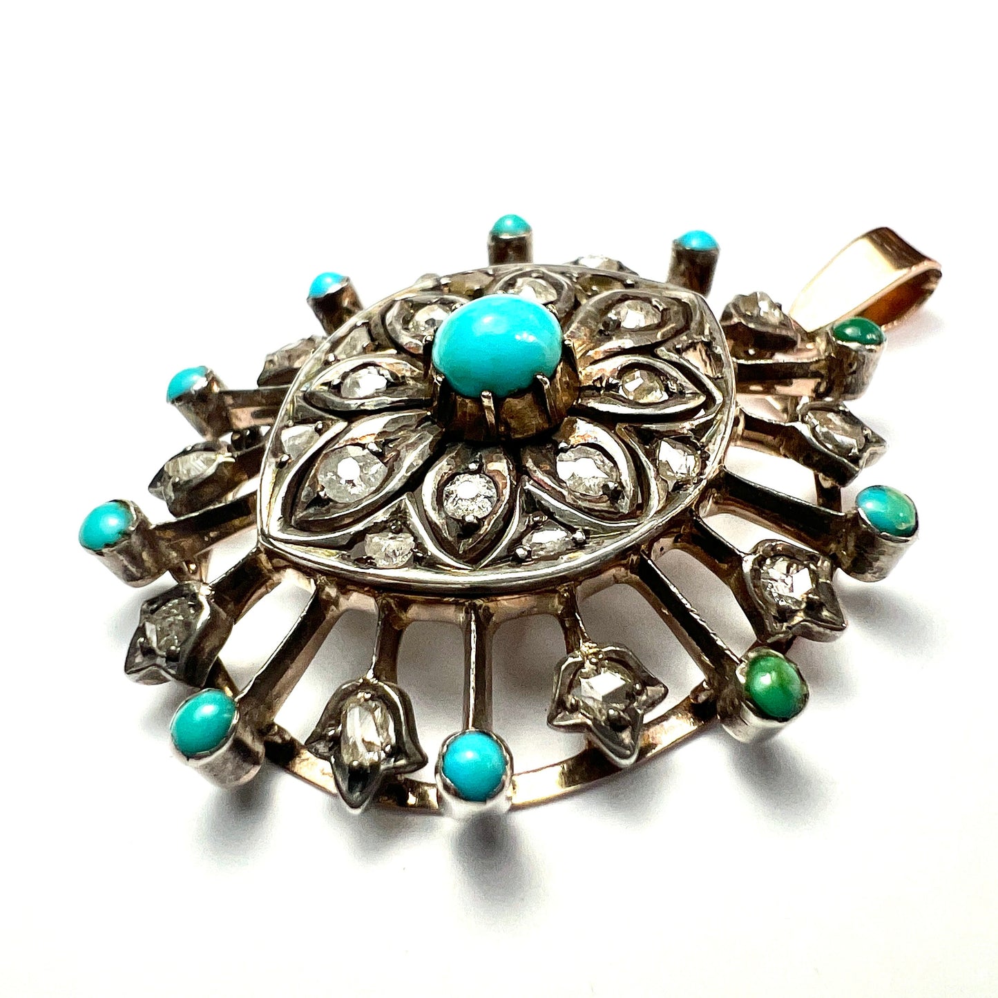 Antique Rose Cut Diamond Turquoise Gold and Silver Pendant