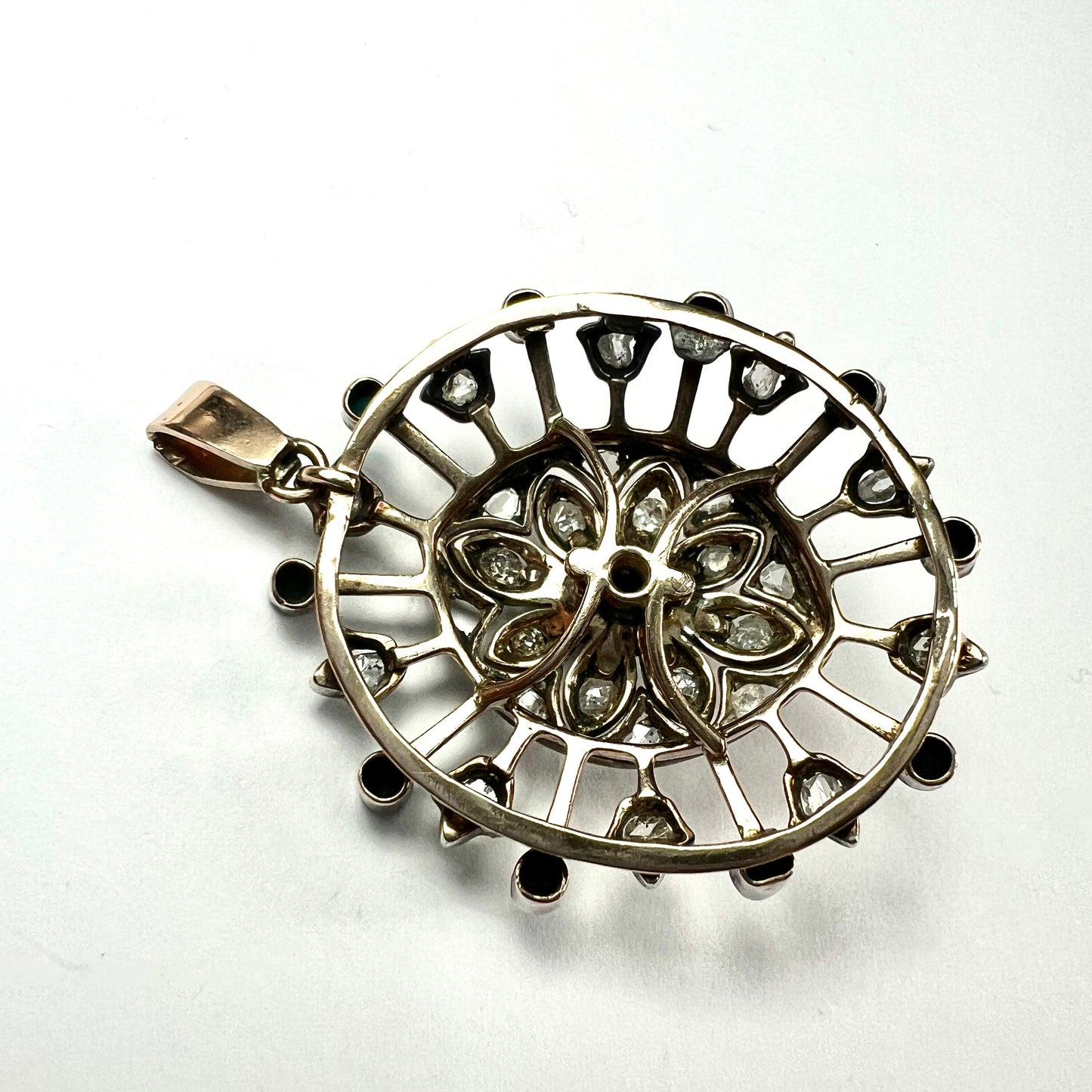 Antique Rose Cut Diamond Turquoise Gold and Silver Pendant