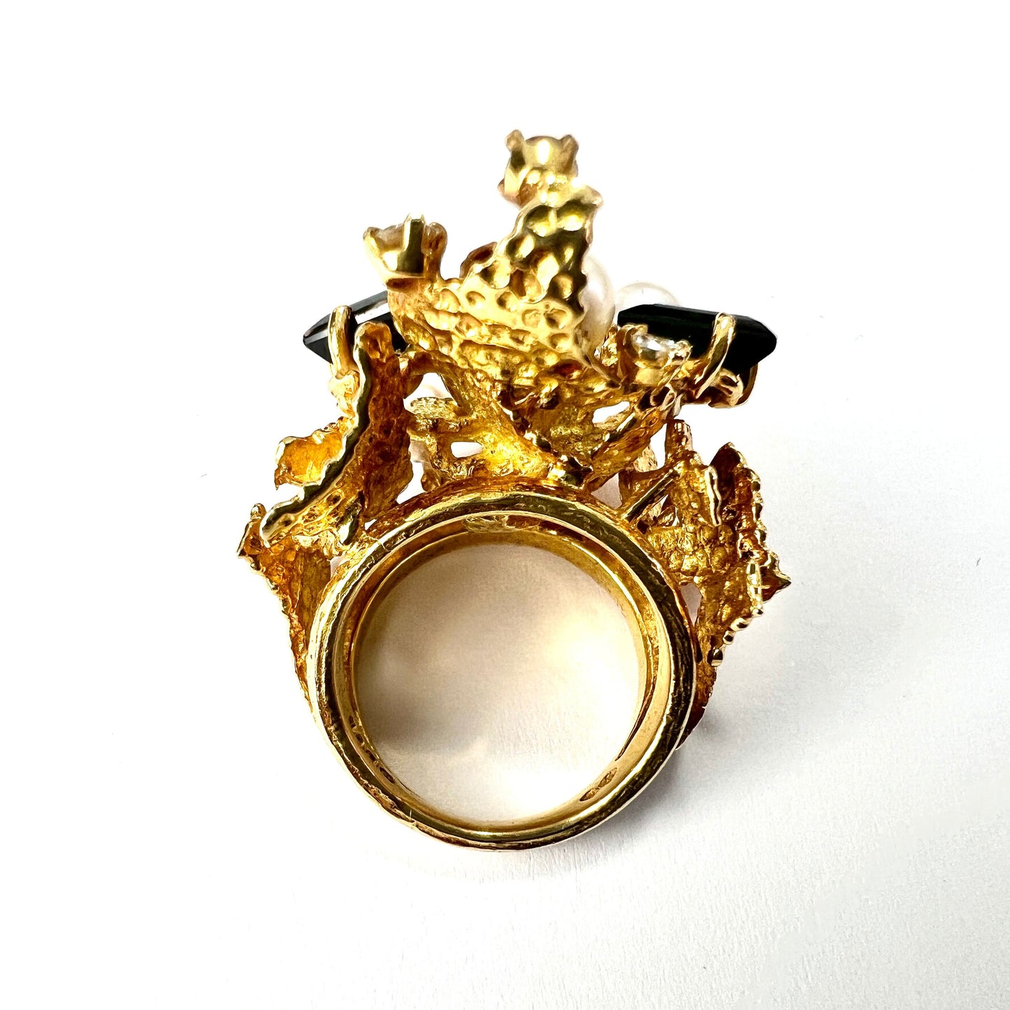 Huge Vintage 18CT Gold Diamond, Tourmaline and Pearl Modernist Cocktail Ring