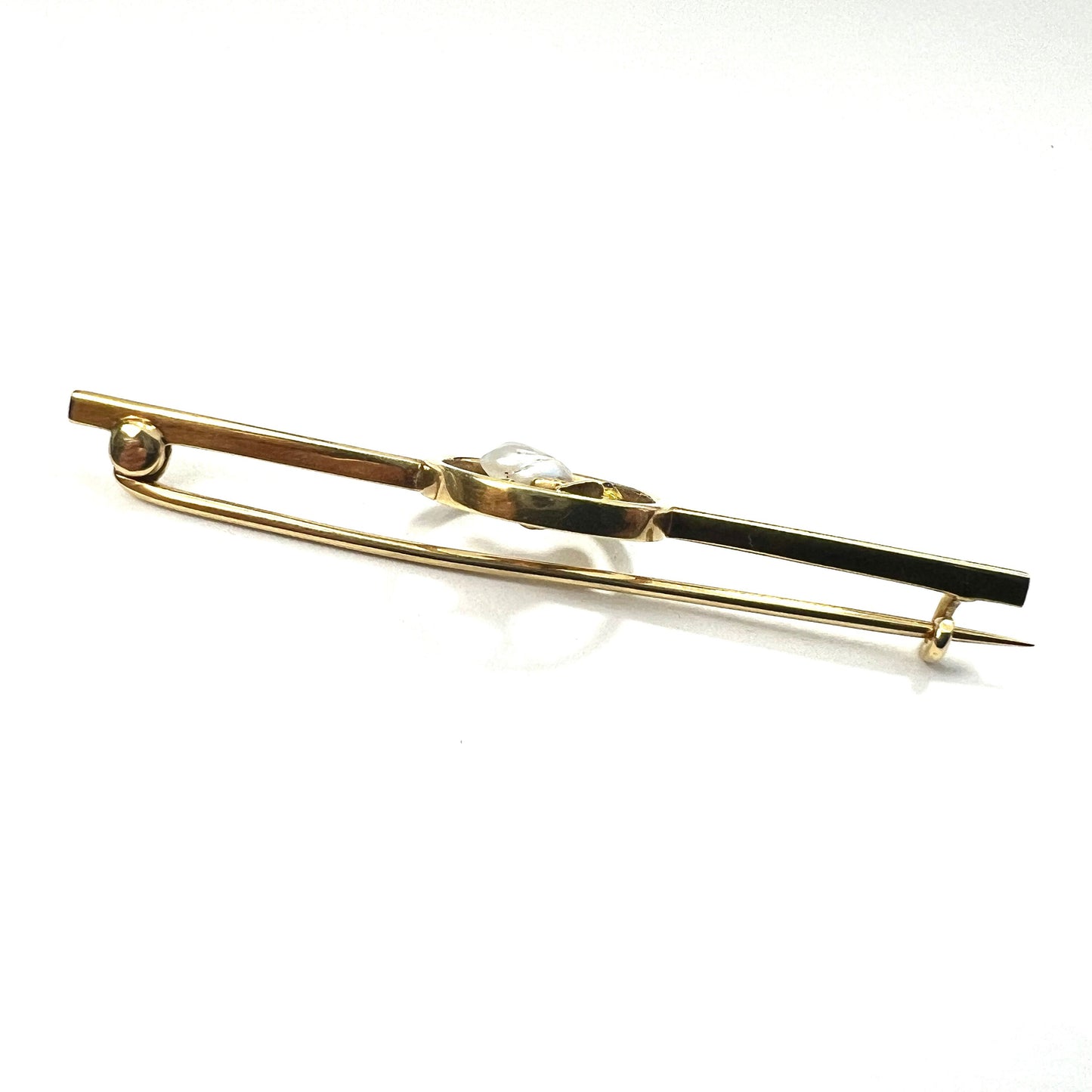 Edwardian Pearl, Garnet and Gold Enamel Chick Bar Brooch