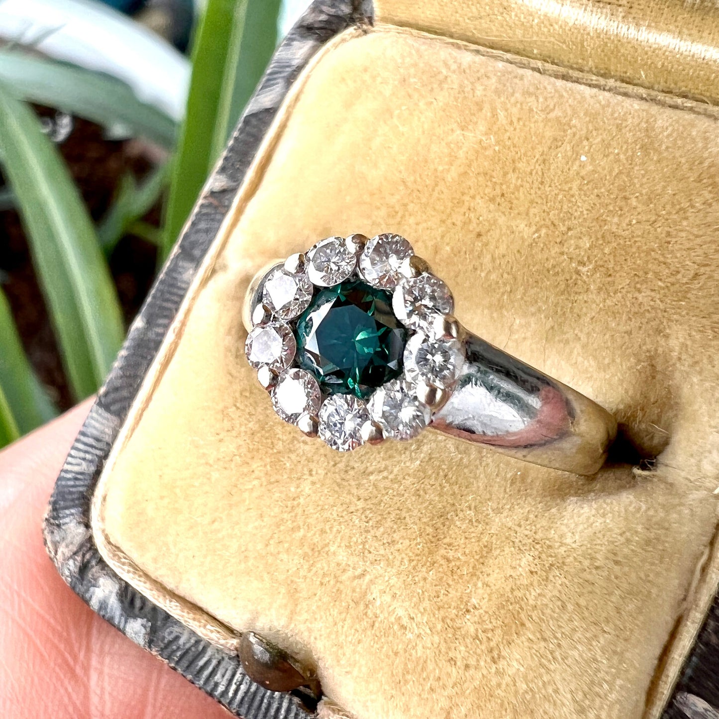 Vintage 18CT White Gold Fancy Blue and White Diamond Halo Ring