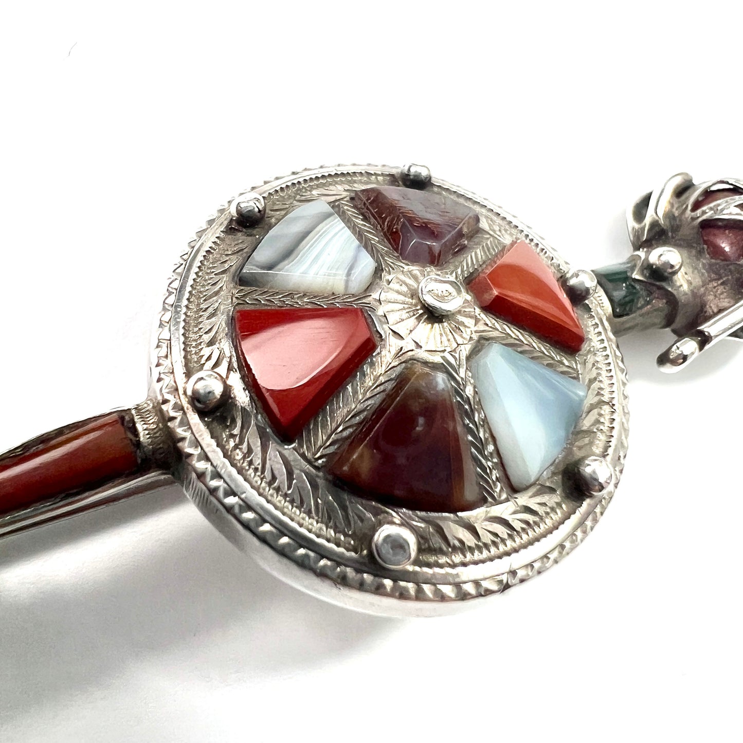 Large Victorian Scottish Agate Silver Sword and Shield Brooch