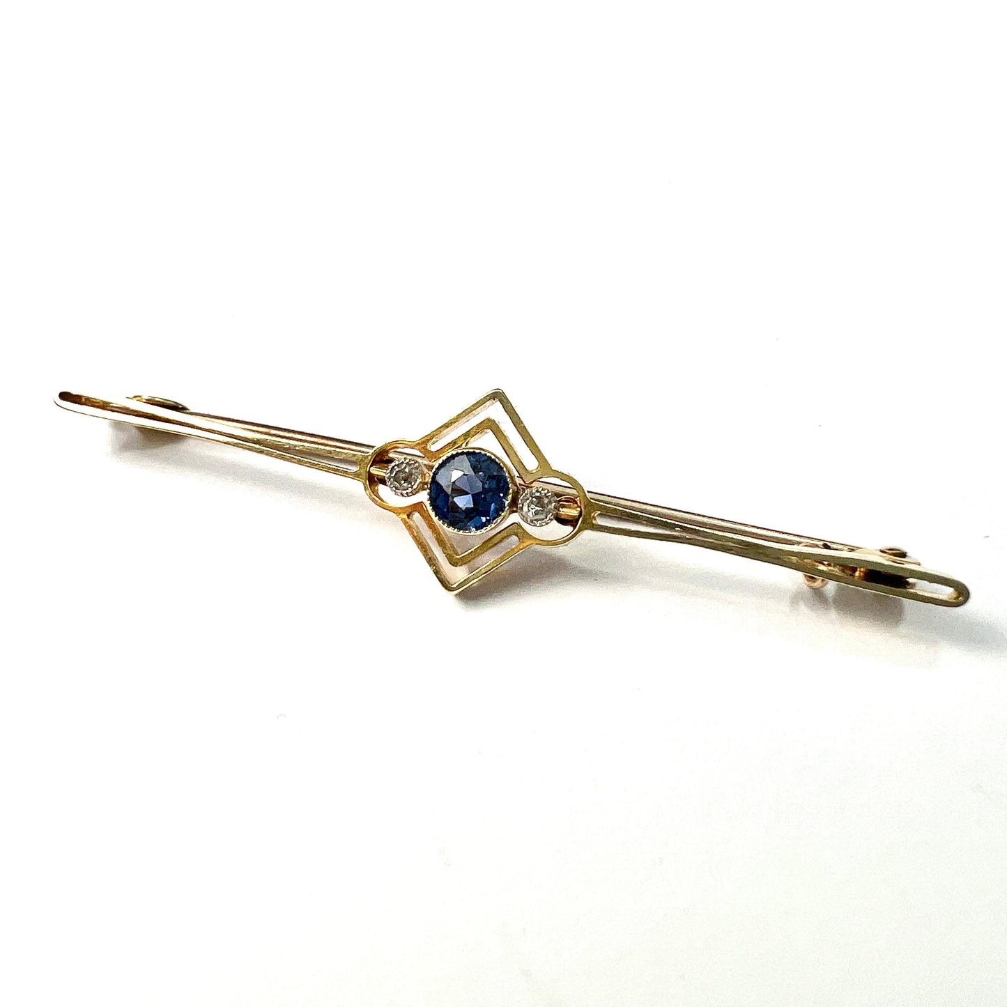 Edwardian Art Deco 15CT Gold Sapphire and Diamond Bar Brooch